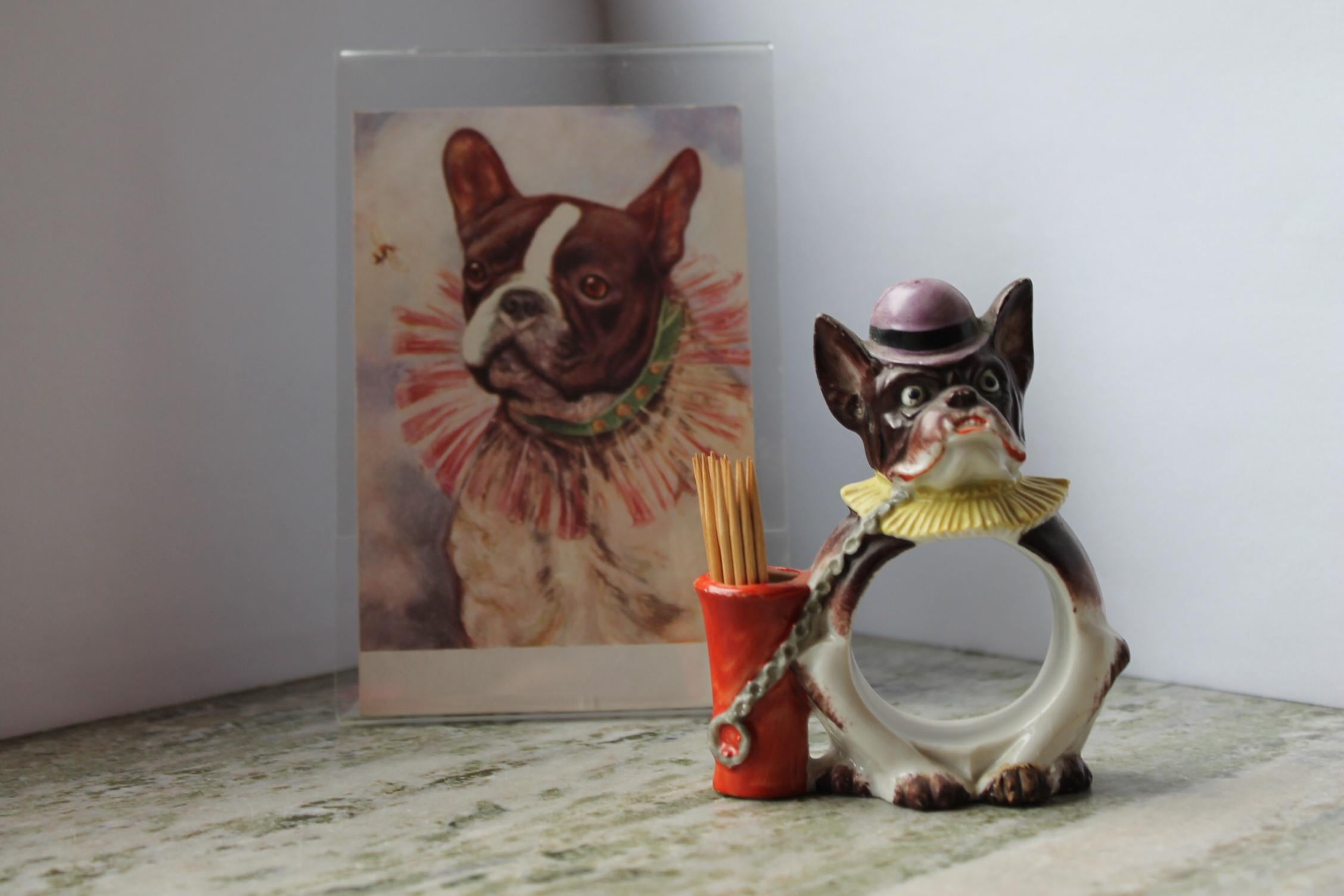 Napkin, cure-dents et porte-cartes bulldog français, porcelaine, Allemagne 7