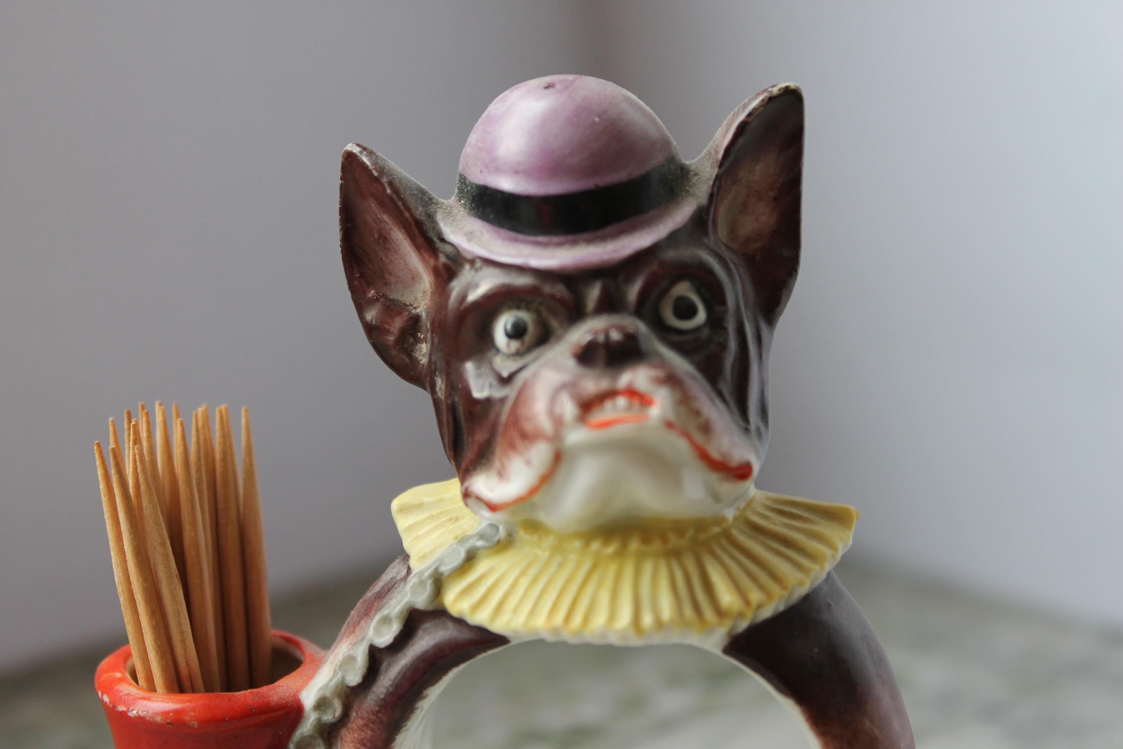 Art déco Napkin, cure-dents et porte-cartes bulldog français, porcelaine, Allemagne