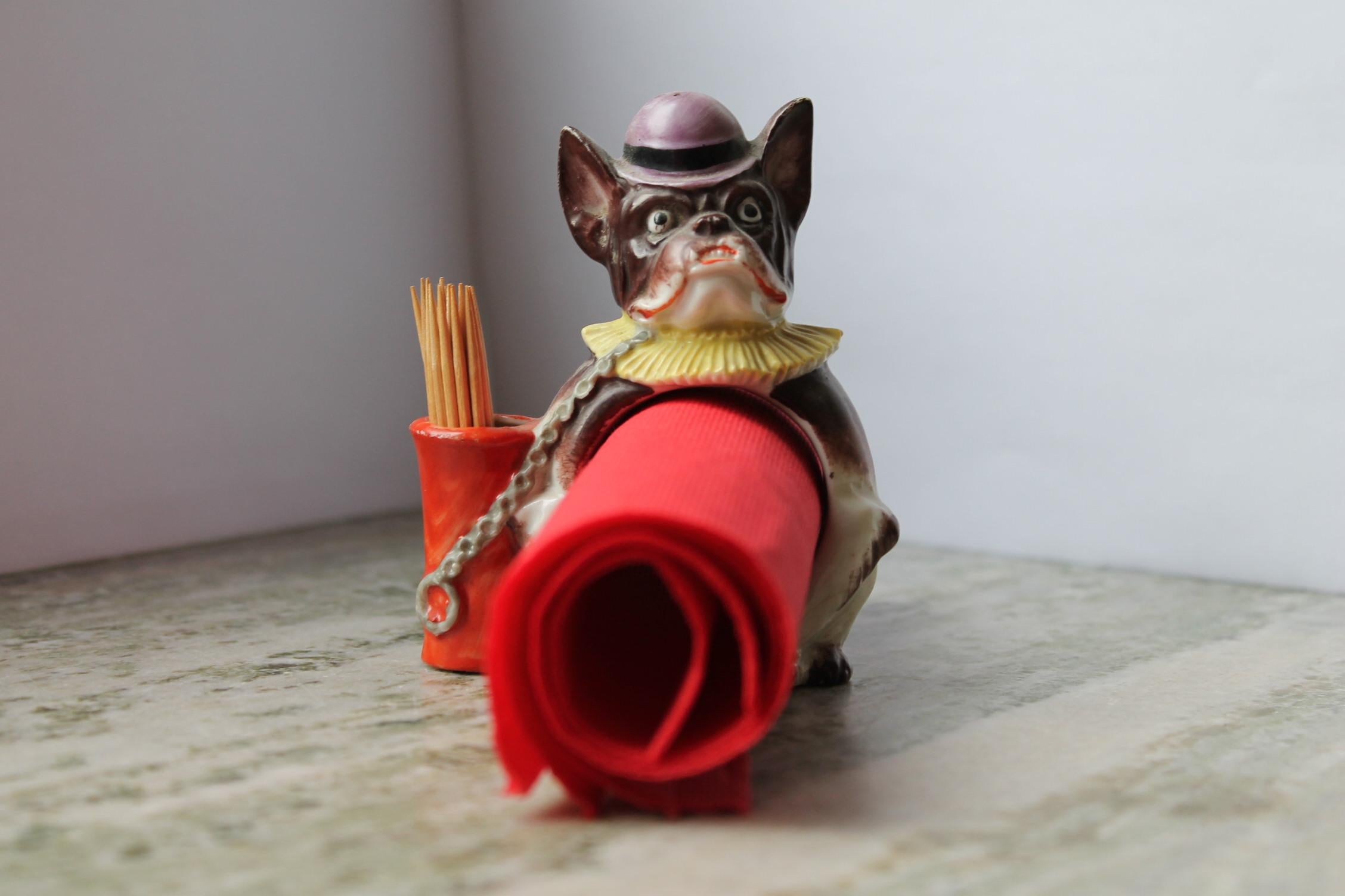 Porcelaine Napkin, cure-dents et porte-cartes bulldog français, porcelaine, Allemagne