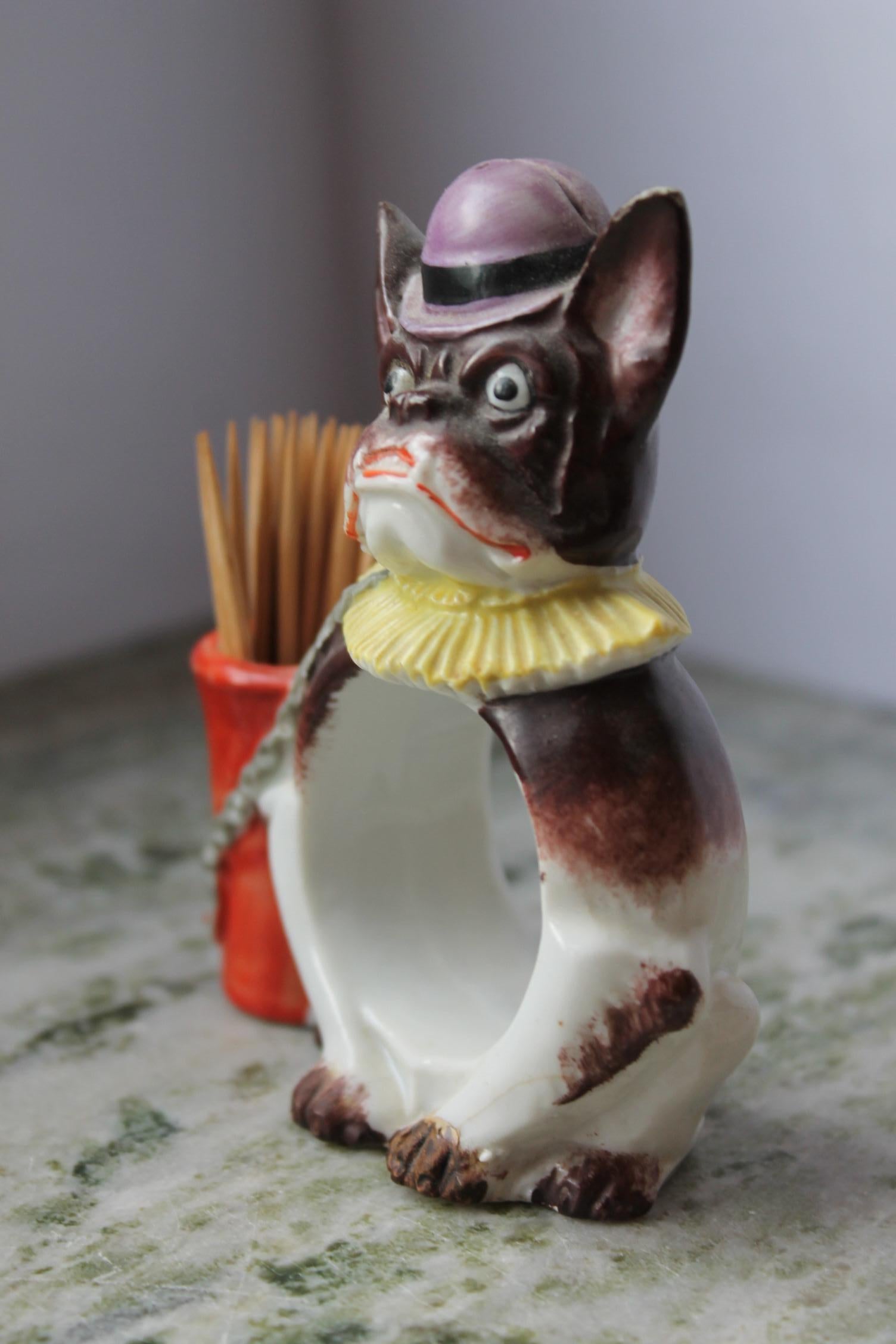 Napkin, cure-dents et porte-cartes bulldog français, porcelaine, Allemagne 1