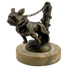 Antique French Bulldog On Chain/Marvel Hood Figurine/Art Deco/1920's/Marble Stand