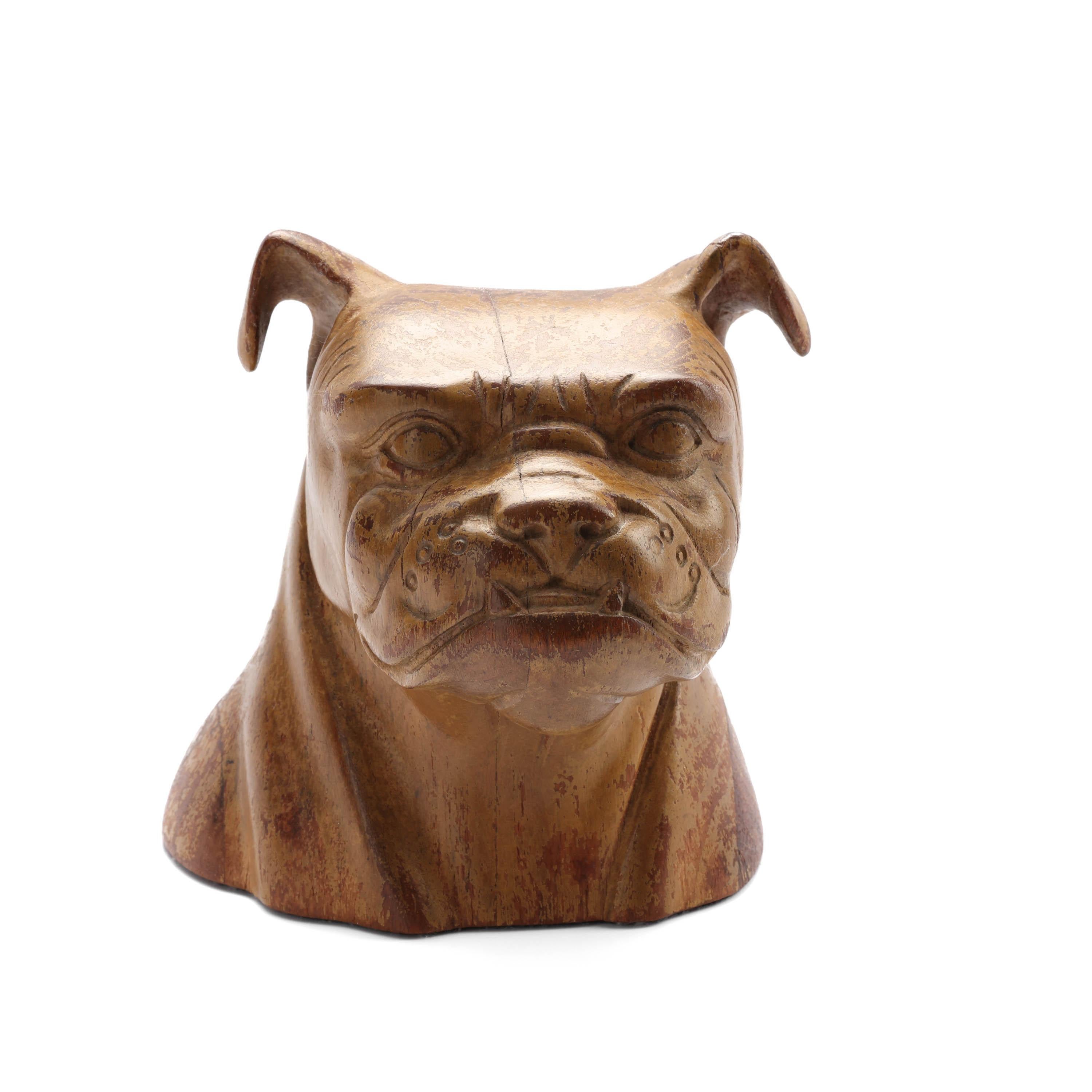 Dog breed sculptures are bountiful. But hand-carved French Bulldog, English Bulldog, or Boxer sculptures, not so much. This is a rare and beautiful find.

Finely, expertly, and artistically carved in wood and then varnished, possibly over a light