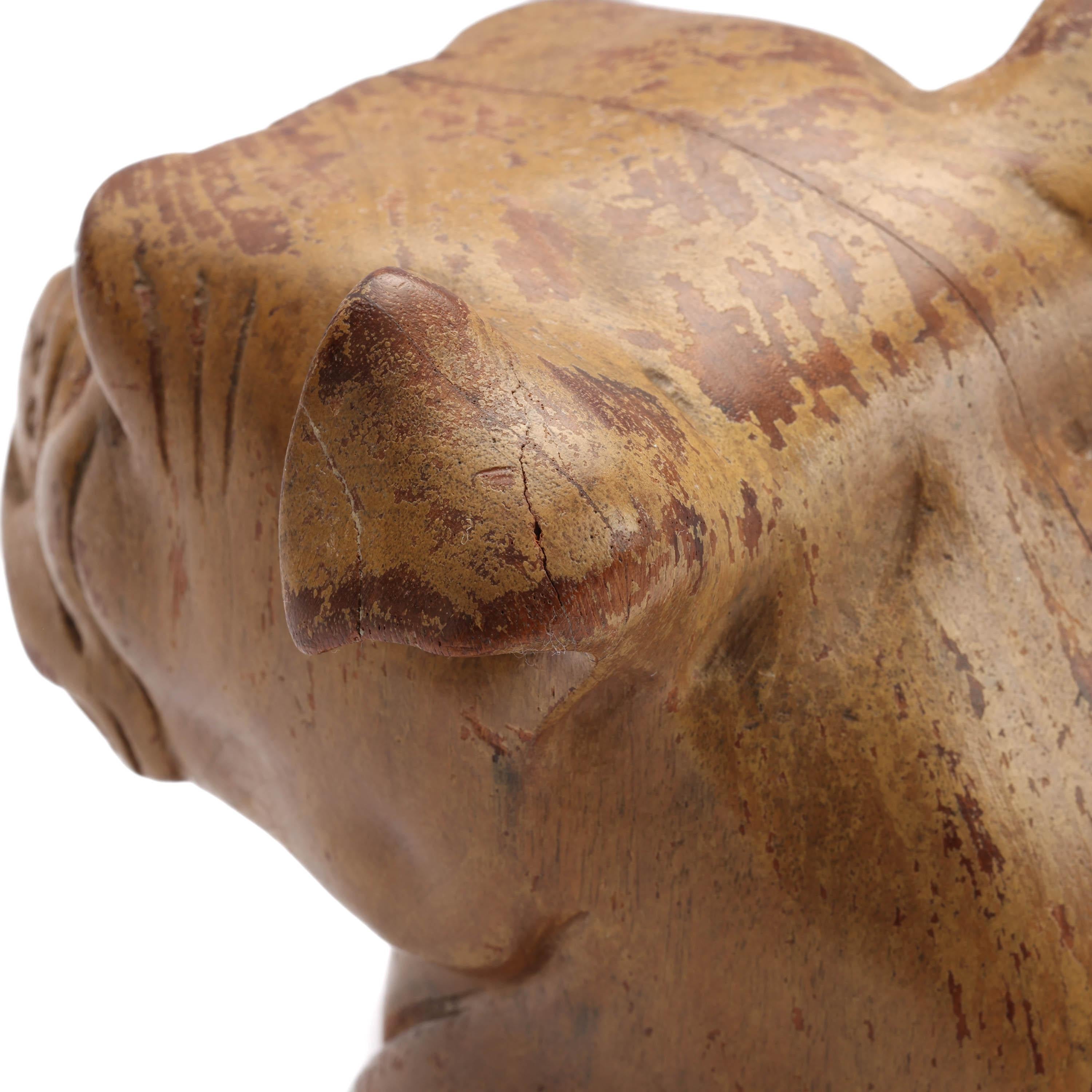 Artisan French Bulldog Sculpture Desktop Carved Wood Paperweight  Circa 1920s For Sale