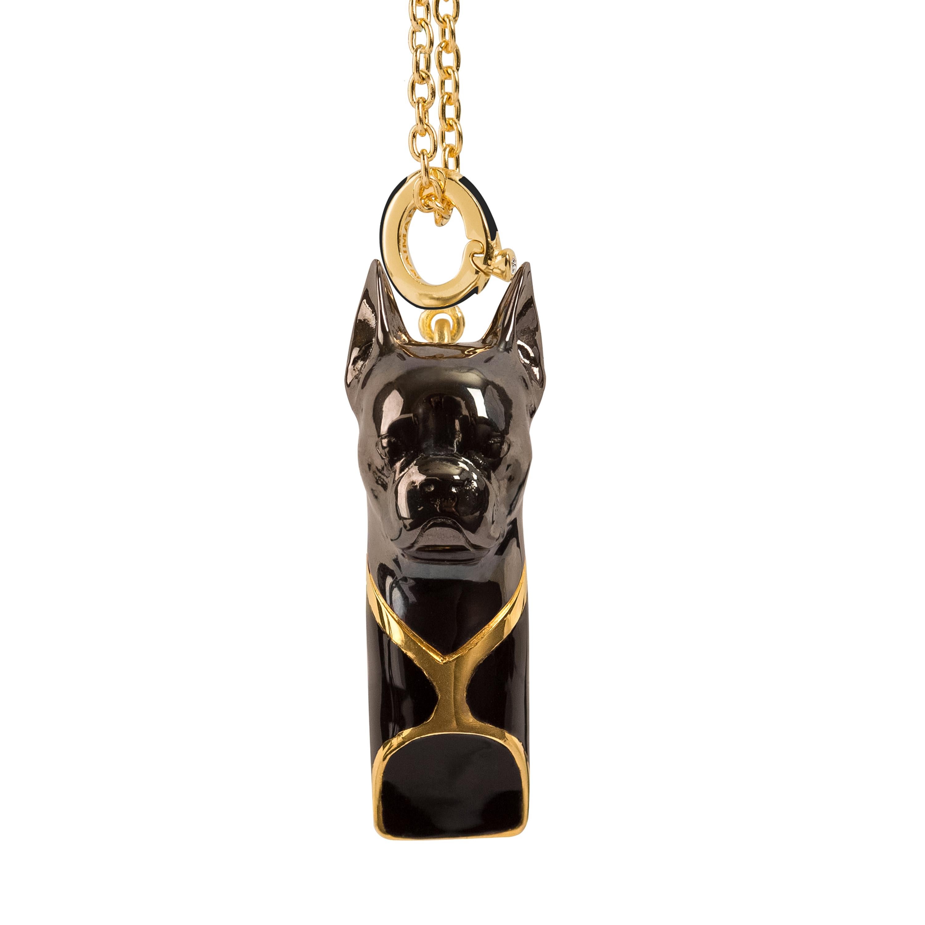 18k gold plated sterling silver dog whistle necklace charm pendant featuring a French bulldog. Black Enamel.
Inspired form Georges Hilbert's famous French Bulldog sculpture; this bat-eared but oddly beautiful, Frenchie necklace has a unique