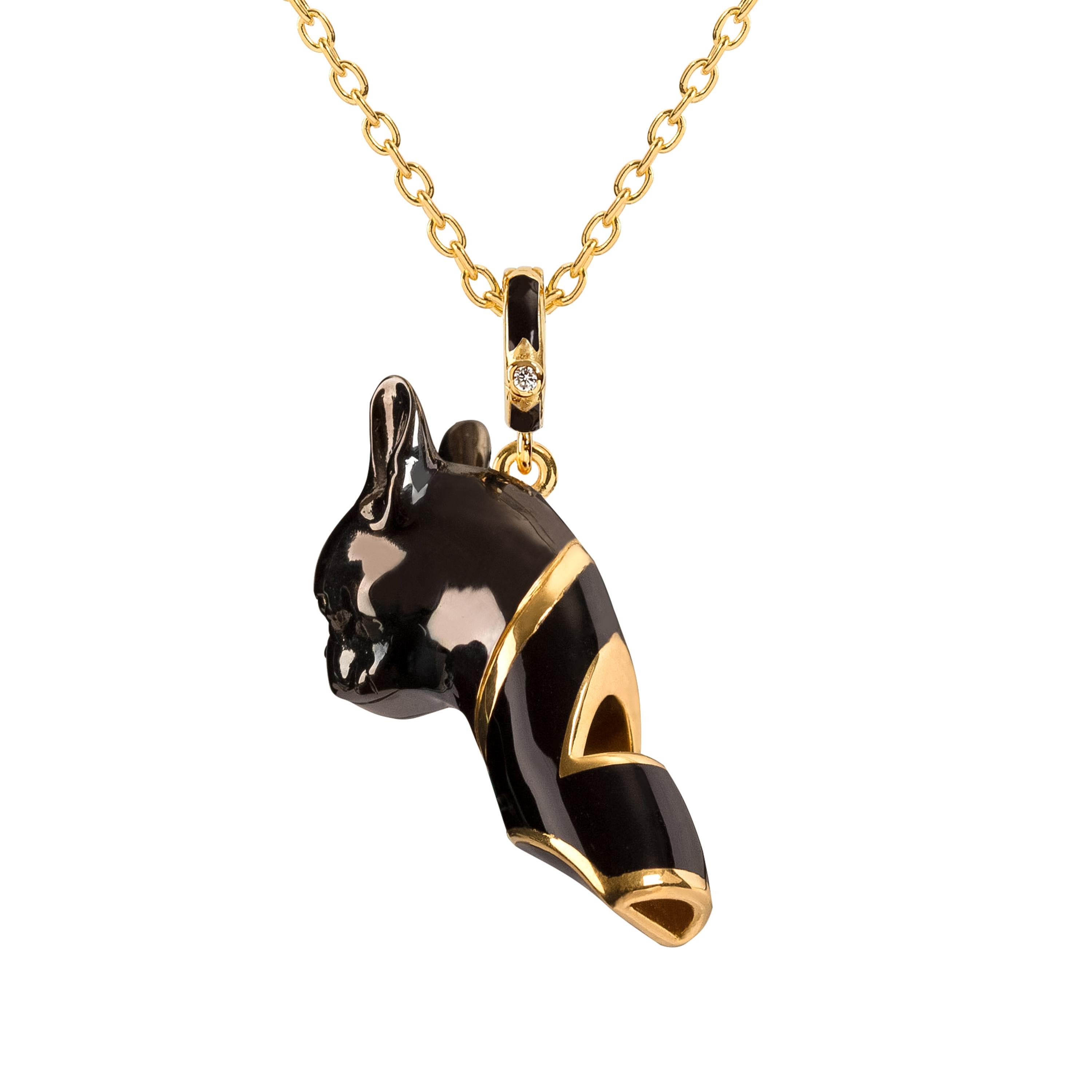 Modern French Bulldog Whistle Pendant Necklace, Black Enamel For Sale