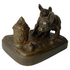 Vintage French Bulldogs Chasing a Bee, Inkwell by E Samson, c.1940