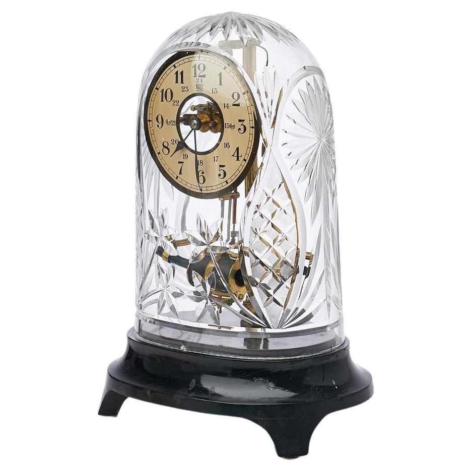 French Bulle Electric Clock Swedish Cut Crystal Glass Dome  For Sale