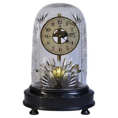 Used French Bulle Electric Clock w Swedish Cut Crystal Glass Dome c. 1930 Art Deco