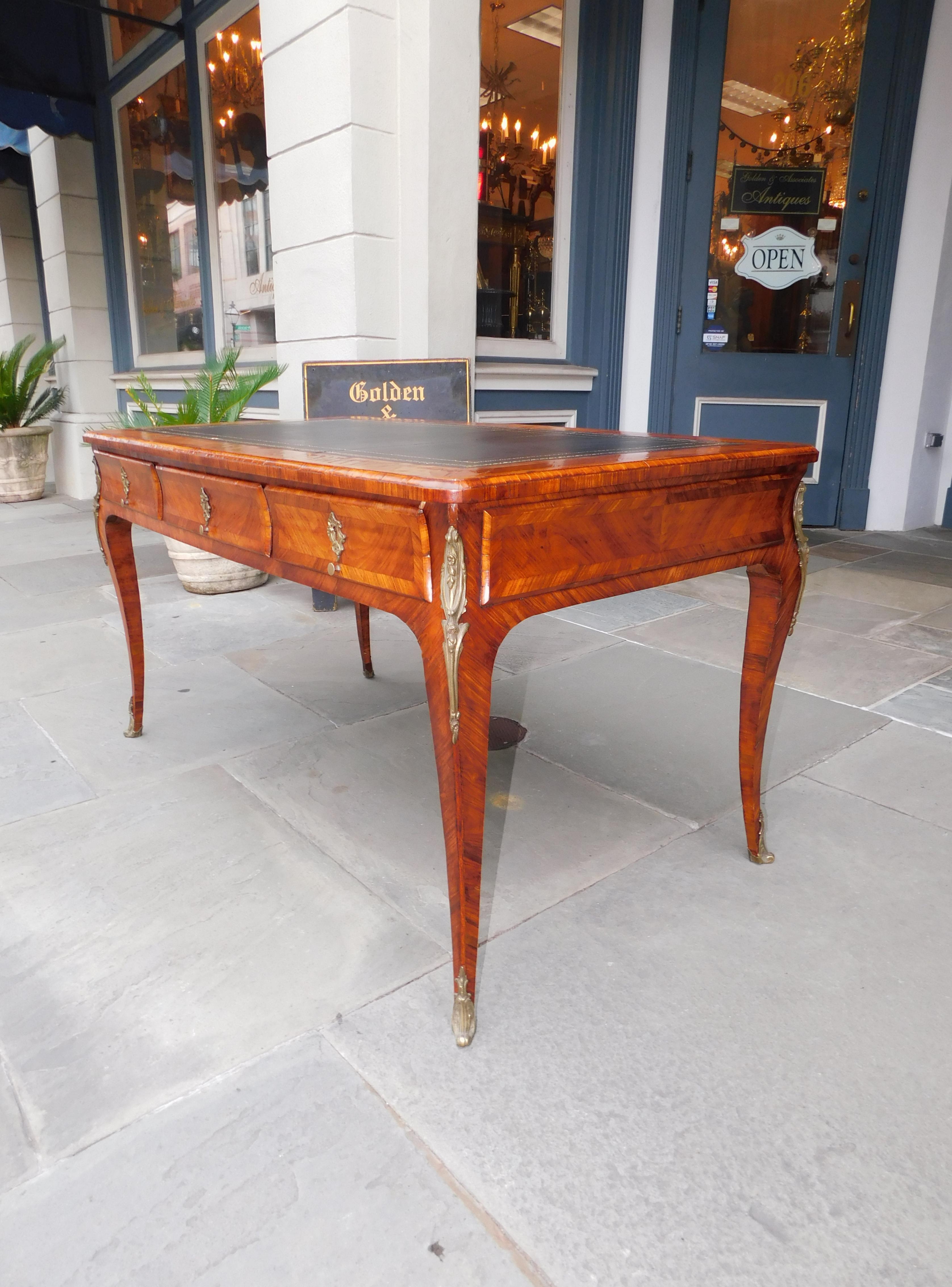 Louis XV French Bureau Plat Marquetry Leather Top Desk with Orig. Ormolu Mounts, C. 1770 For Sale