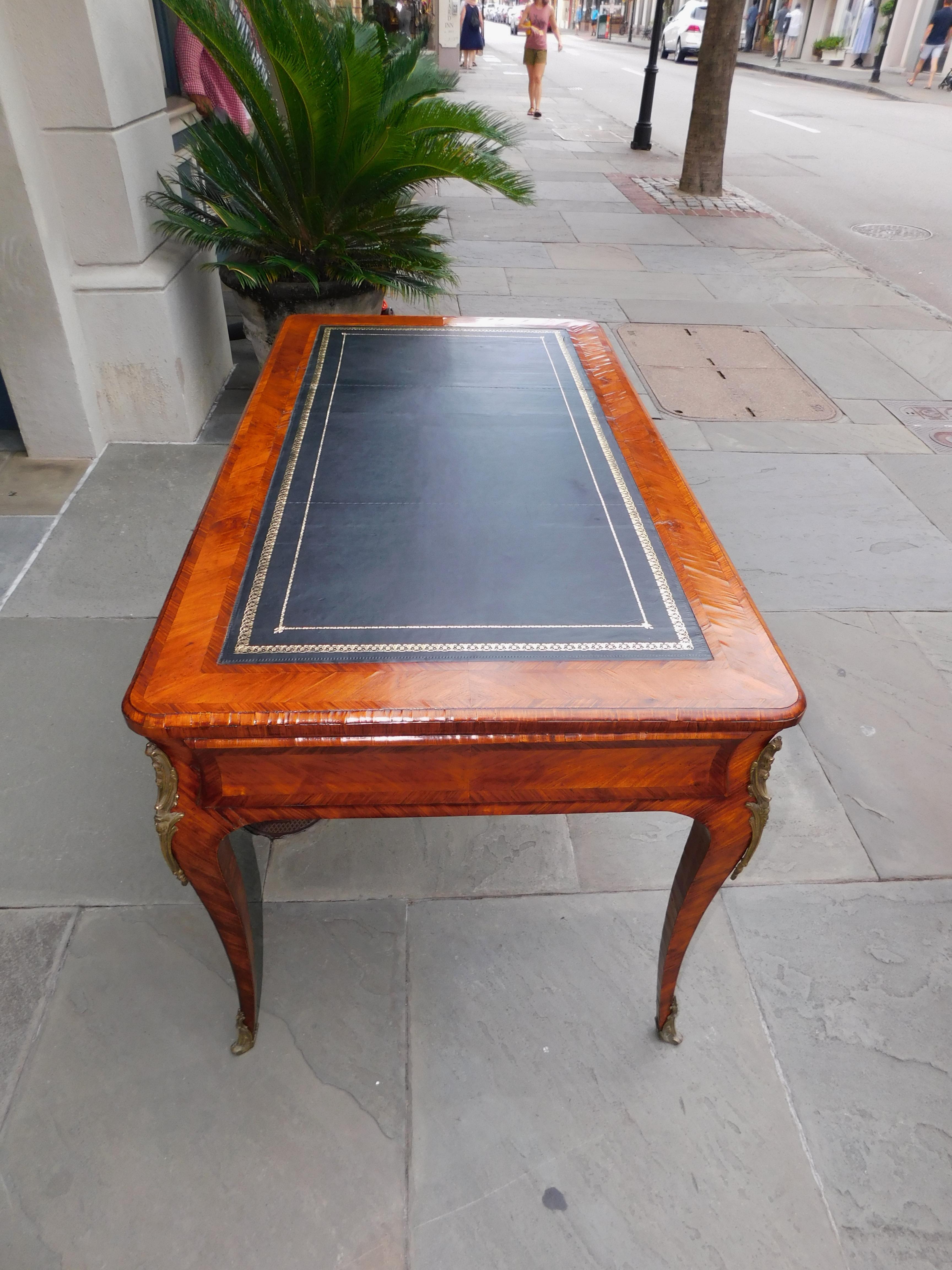 Inlay French Bureau Plat Marquetry Leather Top Desk with Orig. Ormolu Mounts, C. 1770 For Sale