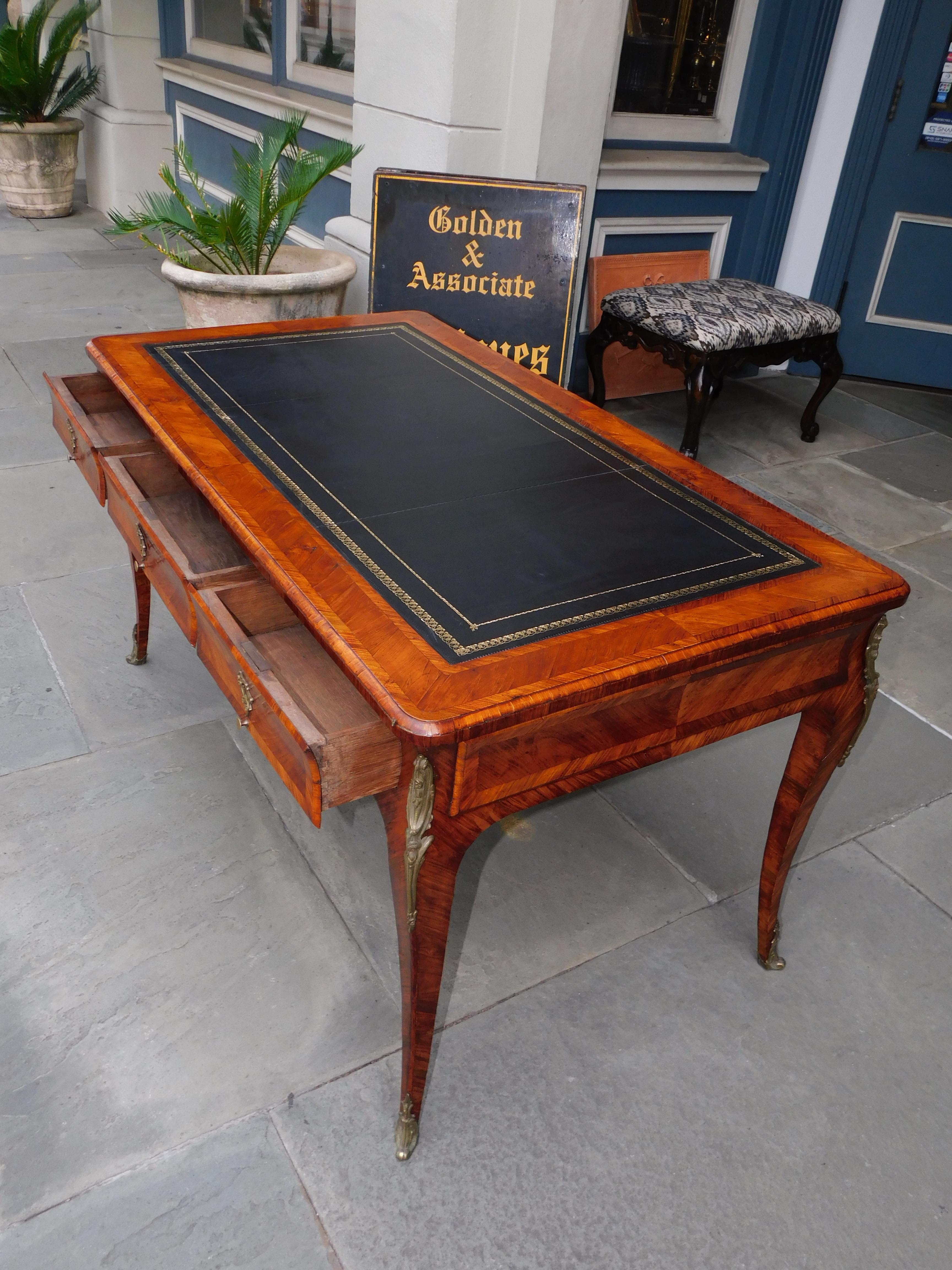 Late 18th Century French Bureau Plat Marquetry Leather Top Desk with Orig. Ormolu Mounts, C. 1770 For Sale