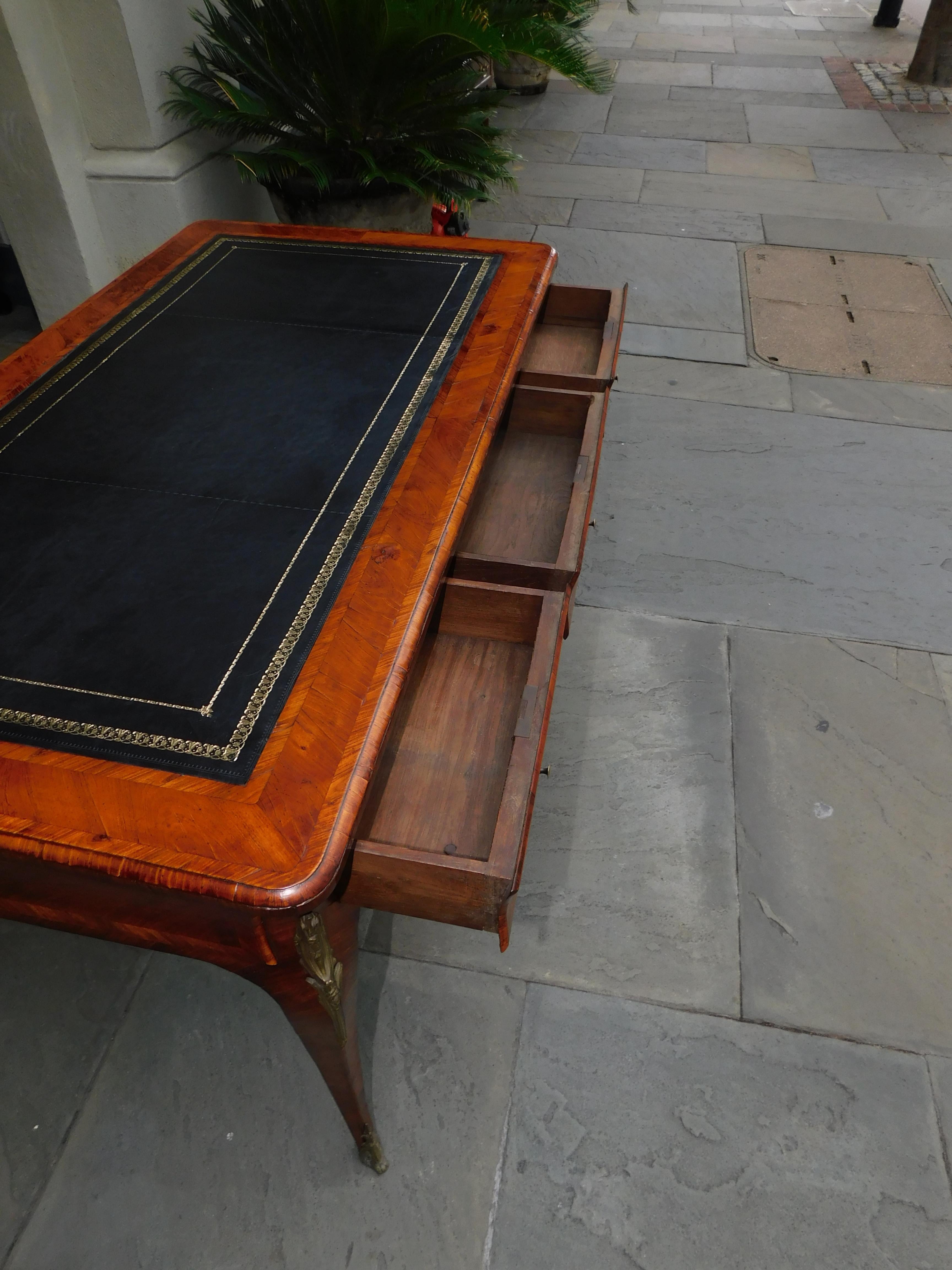 Brass French Bureau Plat Marquetry Leather Top Desk with Orig. Ormolu Mounts, C. 1770 For Sale