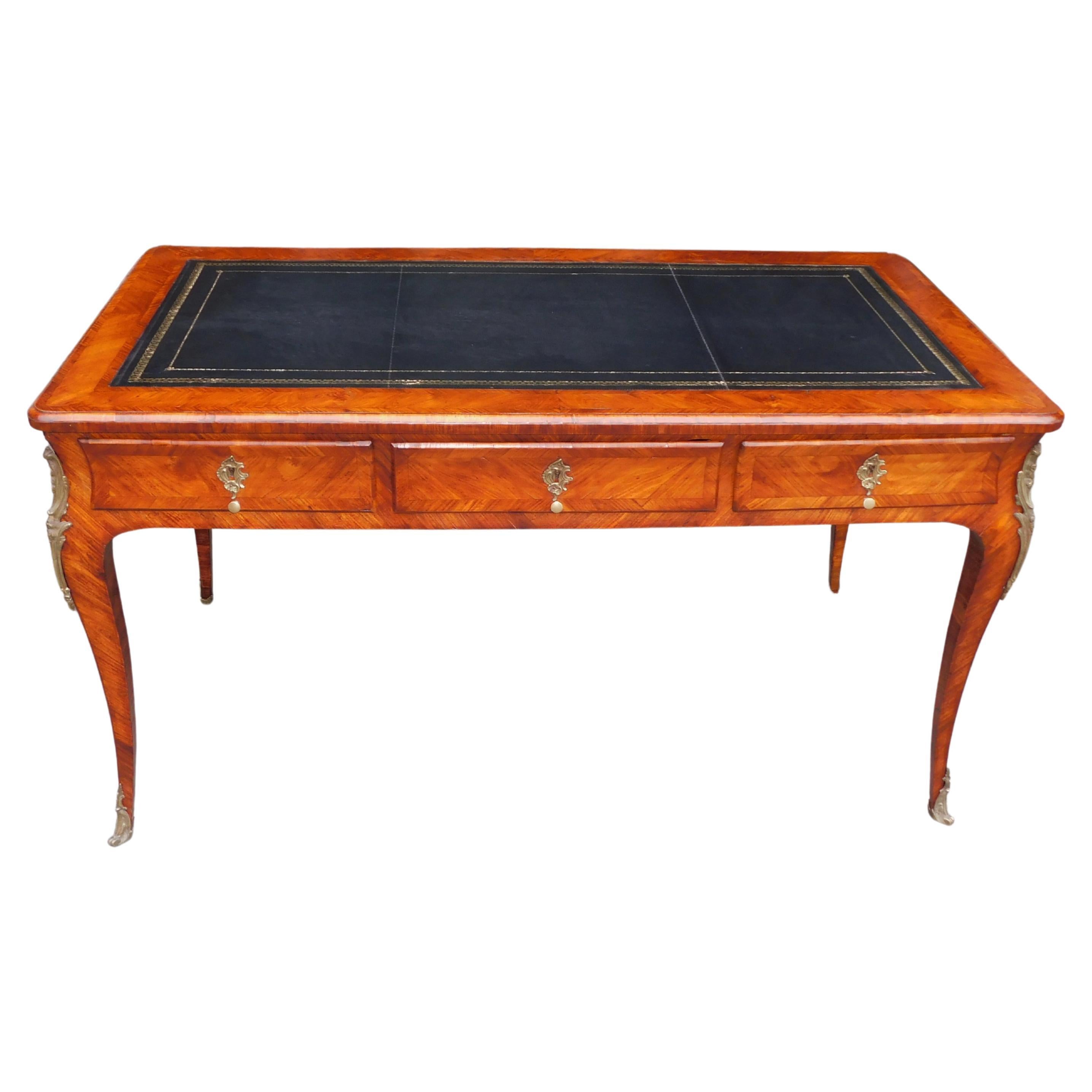French Bureau Plat Marquetry Leather Top Desk with Orig. Ormolu Mounts, C. 1770 For Sale