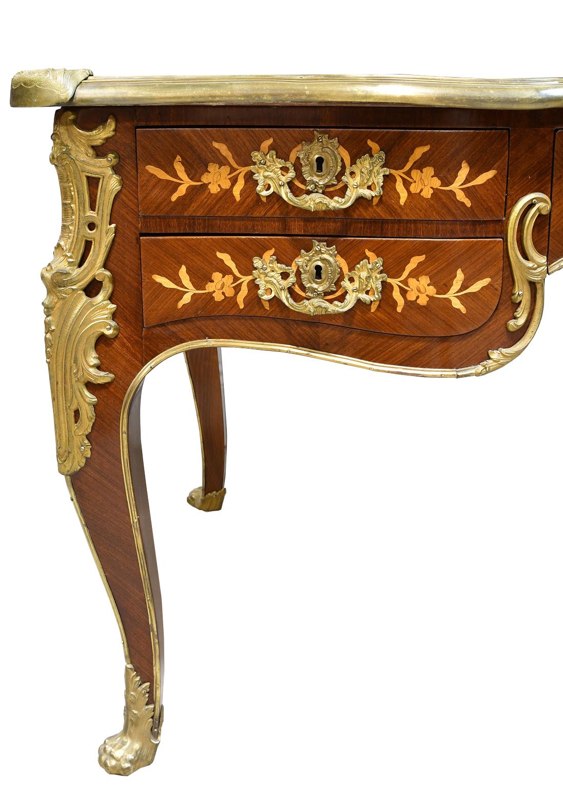 Brass French Bureau Plat with Parquetry, Marquetry and Ormolu, circa 1910