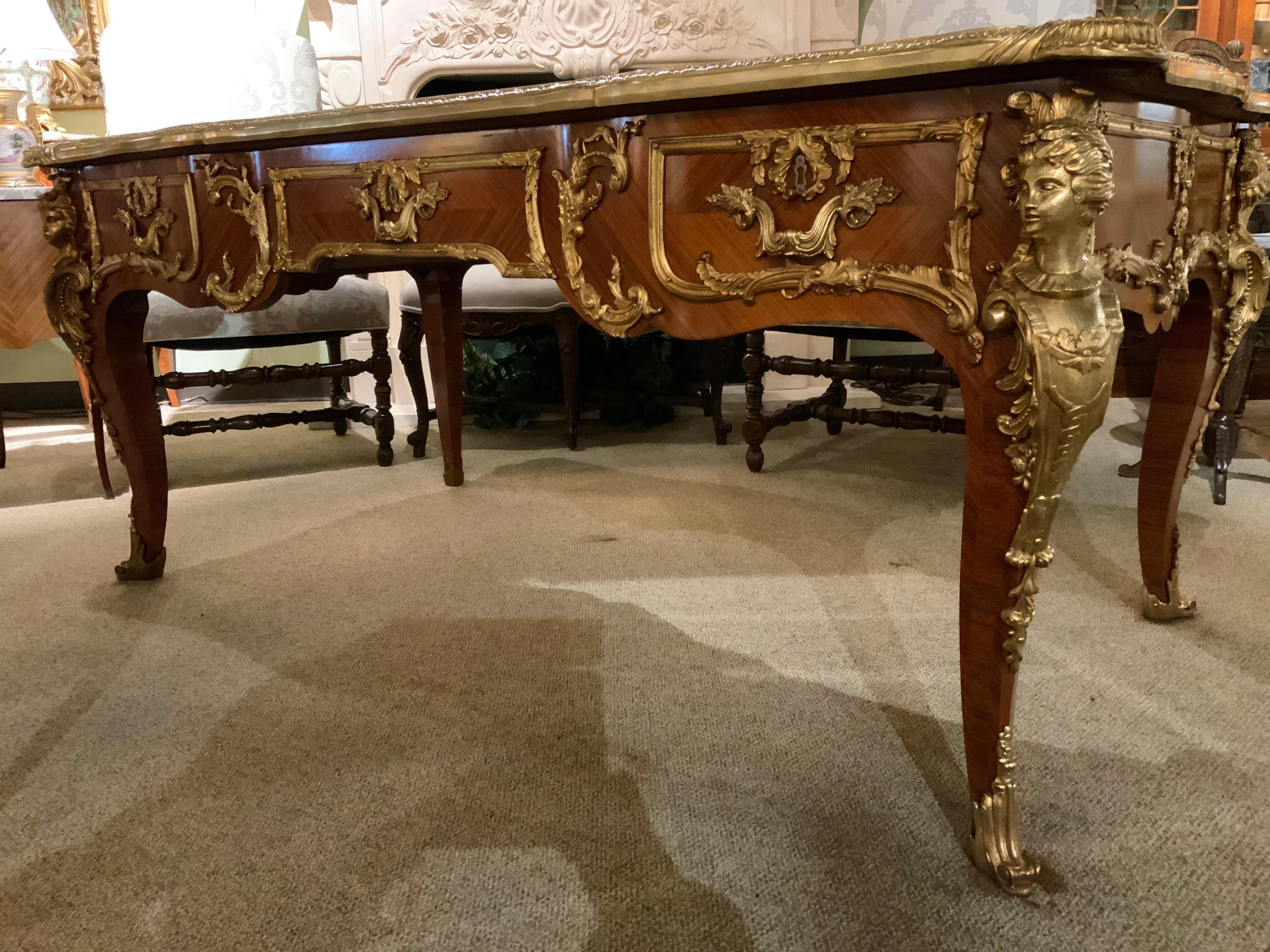 Louis XV French Bureau Plat or Desk, Mahogany with Black Leather Top by J Sargues
