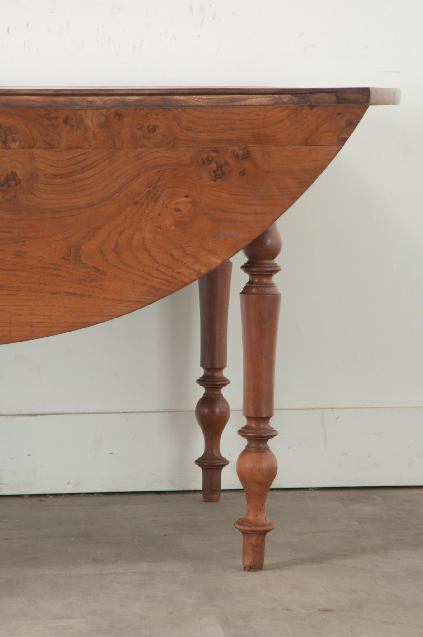 Hand-Carved French Burl Fruitwood Drop Leaf Dining Table For Sale