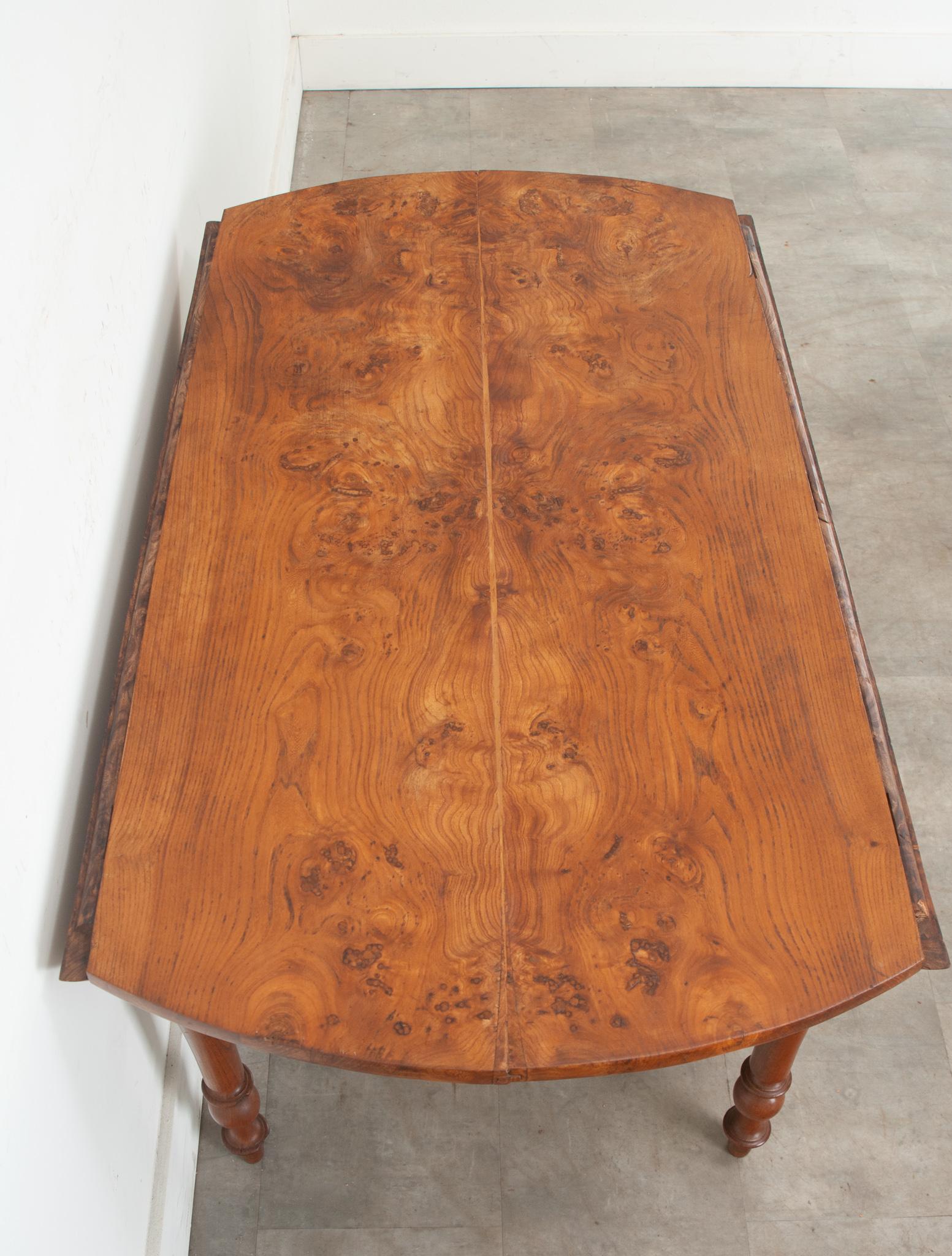 French Burl Fruitwood Drop Leaf Dining Table In Good Condition For Sale In Baton Rouge, LA