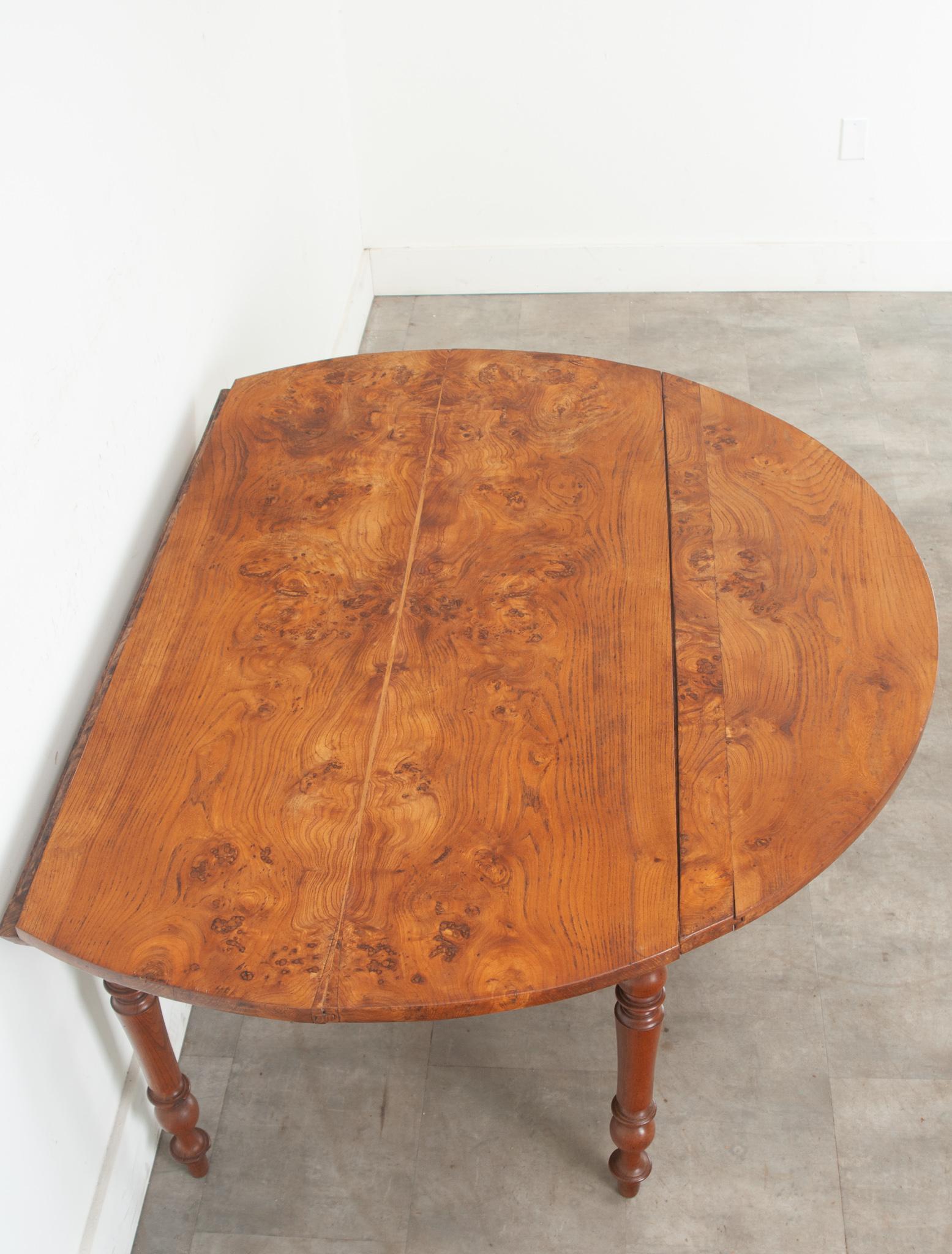19th Century French Burl Fruitwood Drop Leaf Dining Table For Sale
