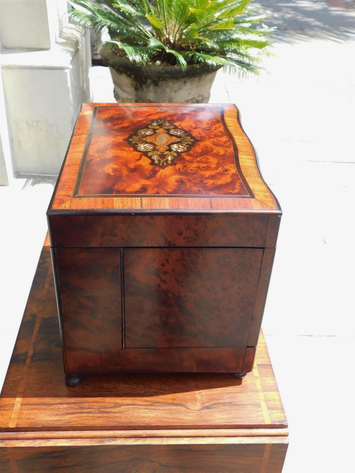 French Burl Walnut Ebony & Mother of Pearl Inlaid Tantalus with Bun Feet C. 1860 In Excellent Condition In Hollywood, SC
