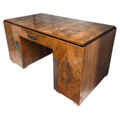 French burl walnut + nickel executive office desk / writing table/ bureau plat