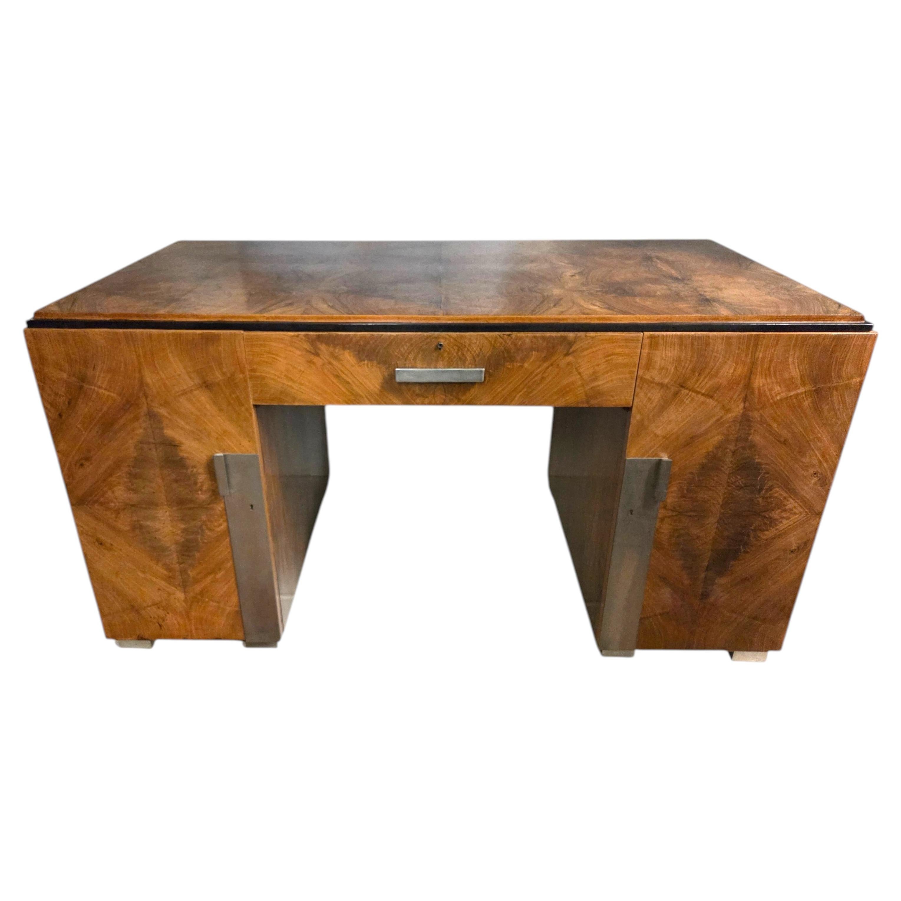 French burl walnut + nickel executive office desk / writing table/ bureau plat