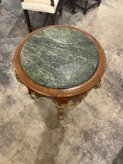 French Burl Walnut Side Table with Marble Top