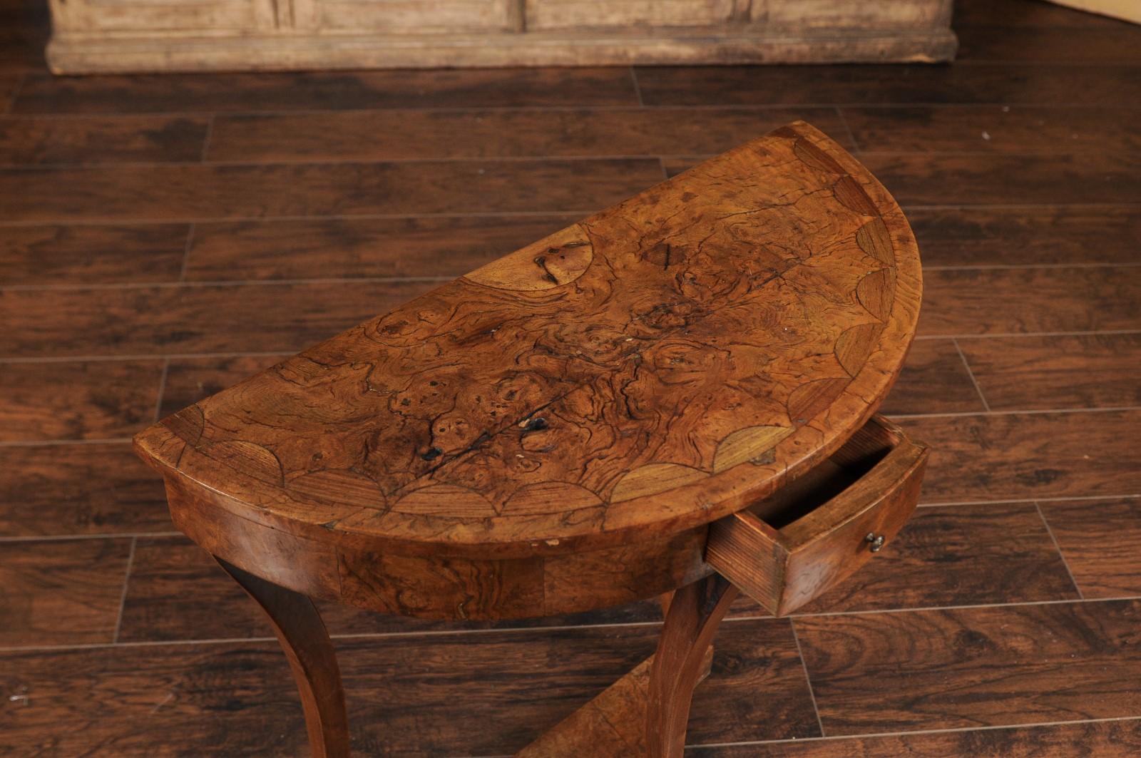 French Burl Wood Demilune Console Table circa 1900 with Saber Legs 6