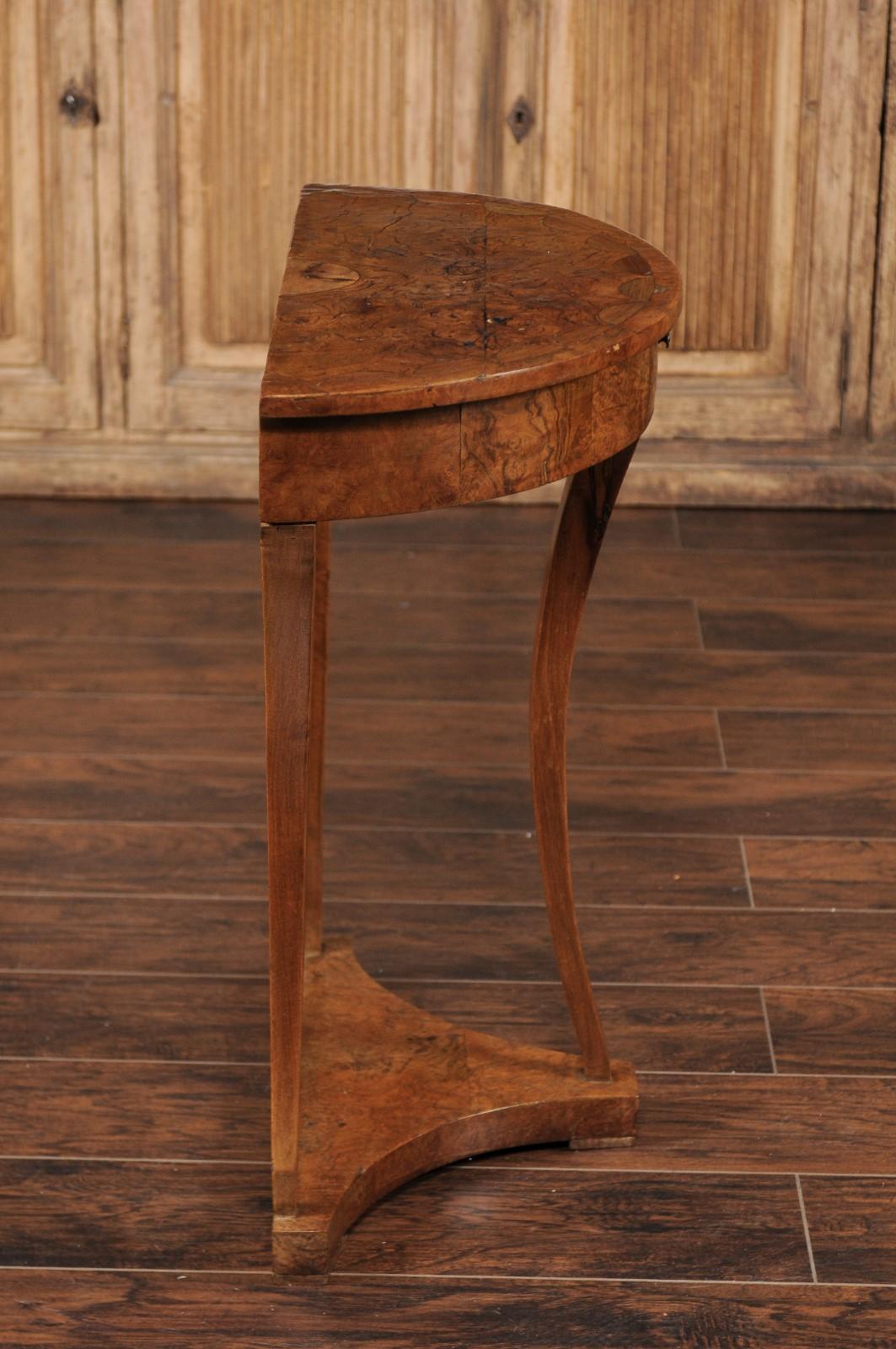 French Burl Wood Demilune Console Table circa 1900 with Saber Legs 7