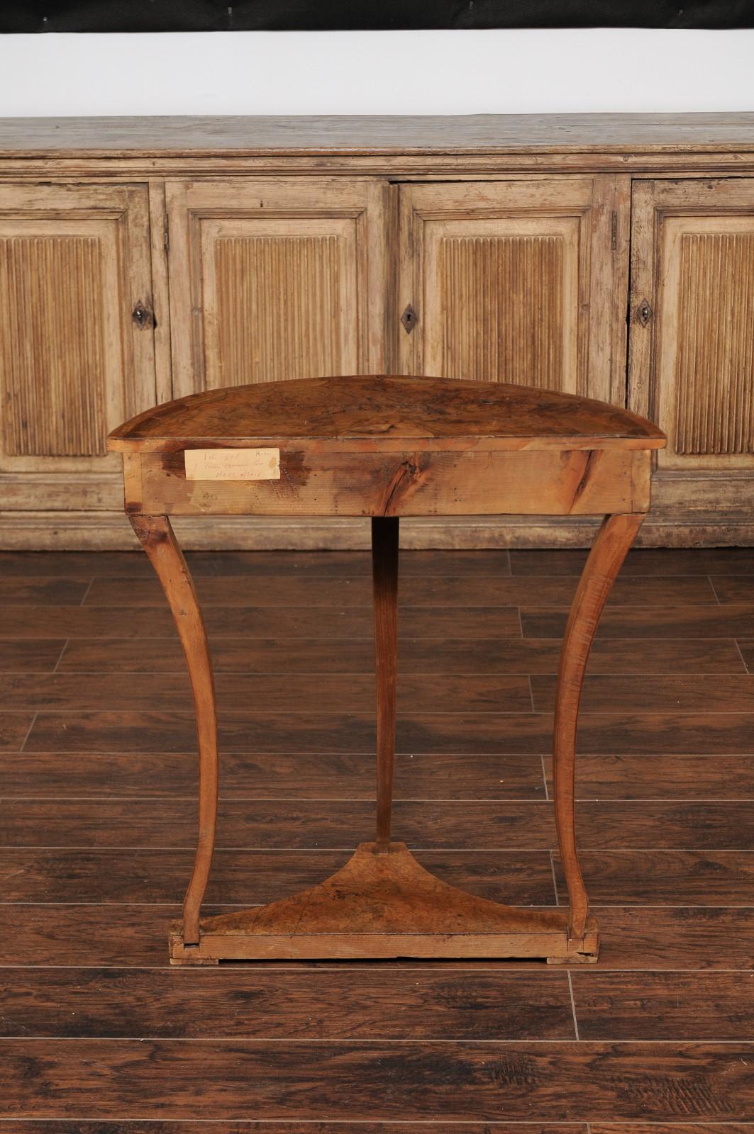 French Burl Wood Demilune Console Table circa 1900 with Saber Legs 8