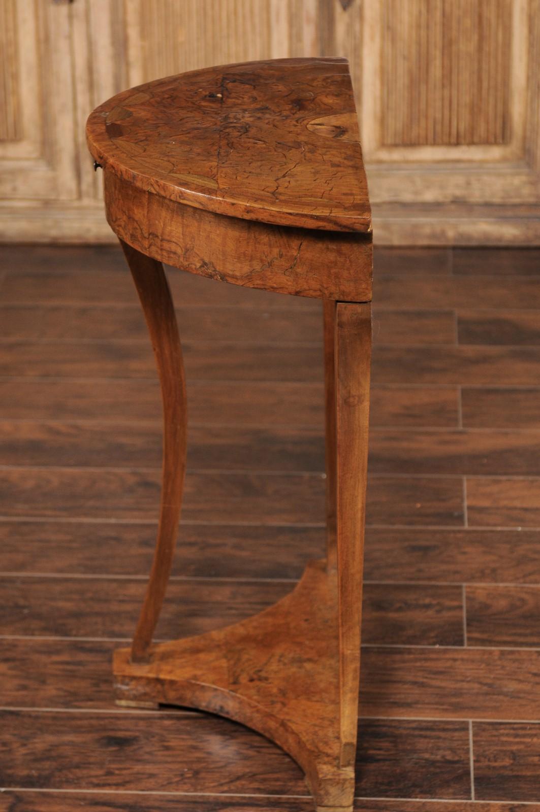 French Burl Wood Demilune Console Table circa 1900 with Saber Legs 9