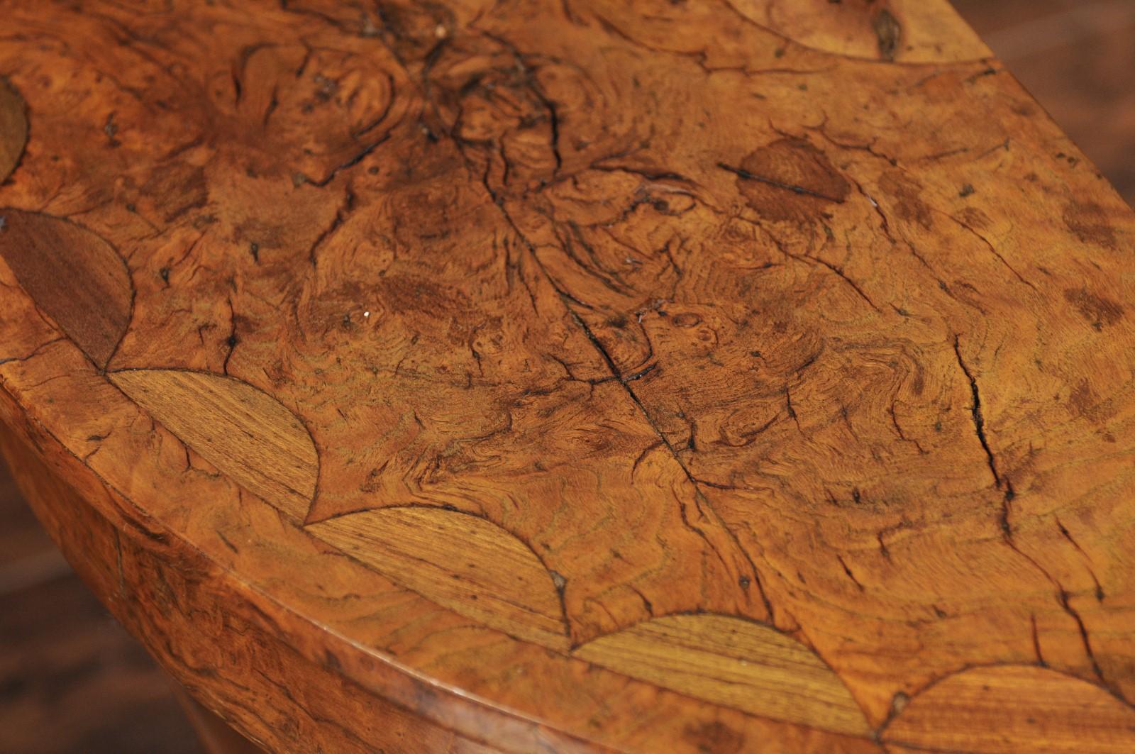 French Burl Wood Demilune Console Table circa 1900 with Saber Legs In Good Condition In Atlanta, GA