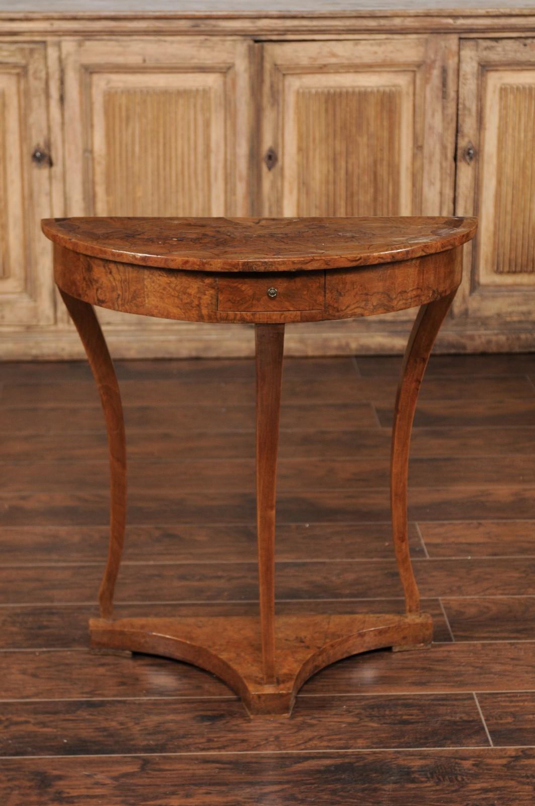 20th Century French Burl Wood Demilune Console Table circa 1900 with Saber Legs