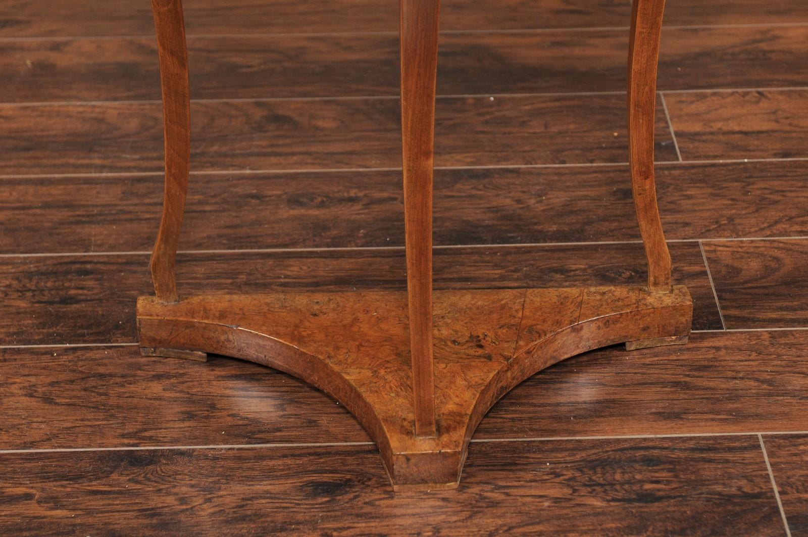 French Burl Wood Demilune Console Table circa 1900 with Saber Legs 1