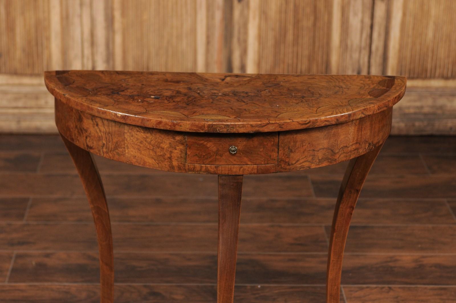 French Burl Wood Demilune Console Table circa 1900 with Saber Legs 2