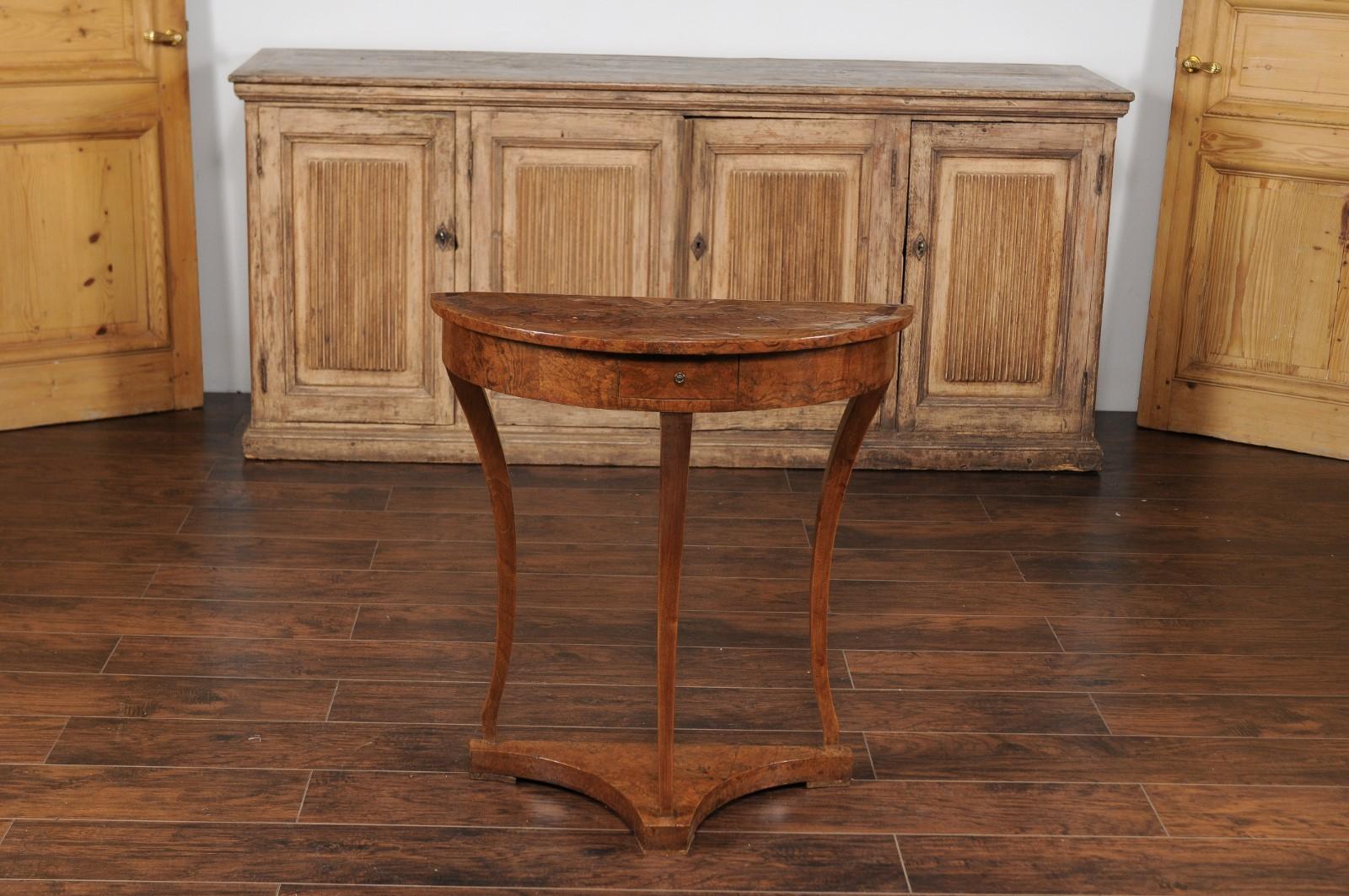 French Burl Wood Demilune Console Table circa 1900 with Saber Legs 3