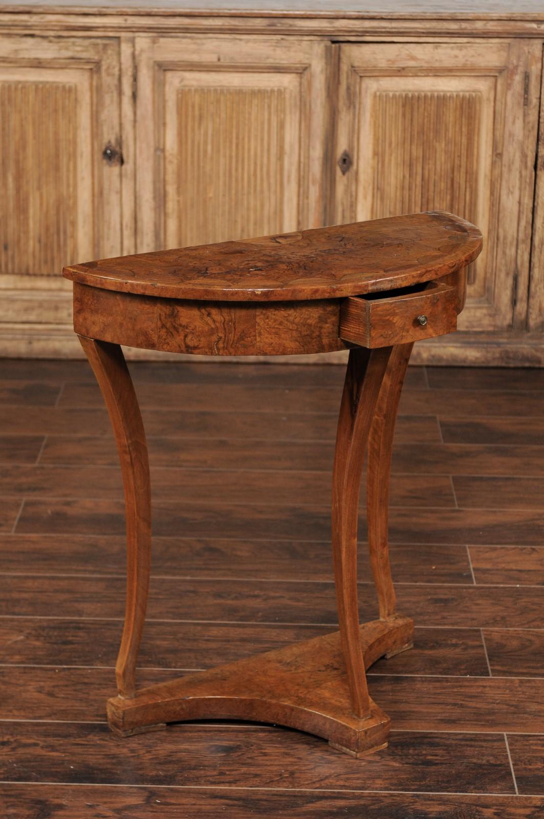 French Burl Wood Demilune Console Table circa 1900 with Saber Legs 4