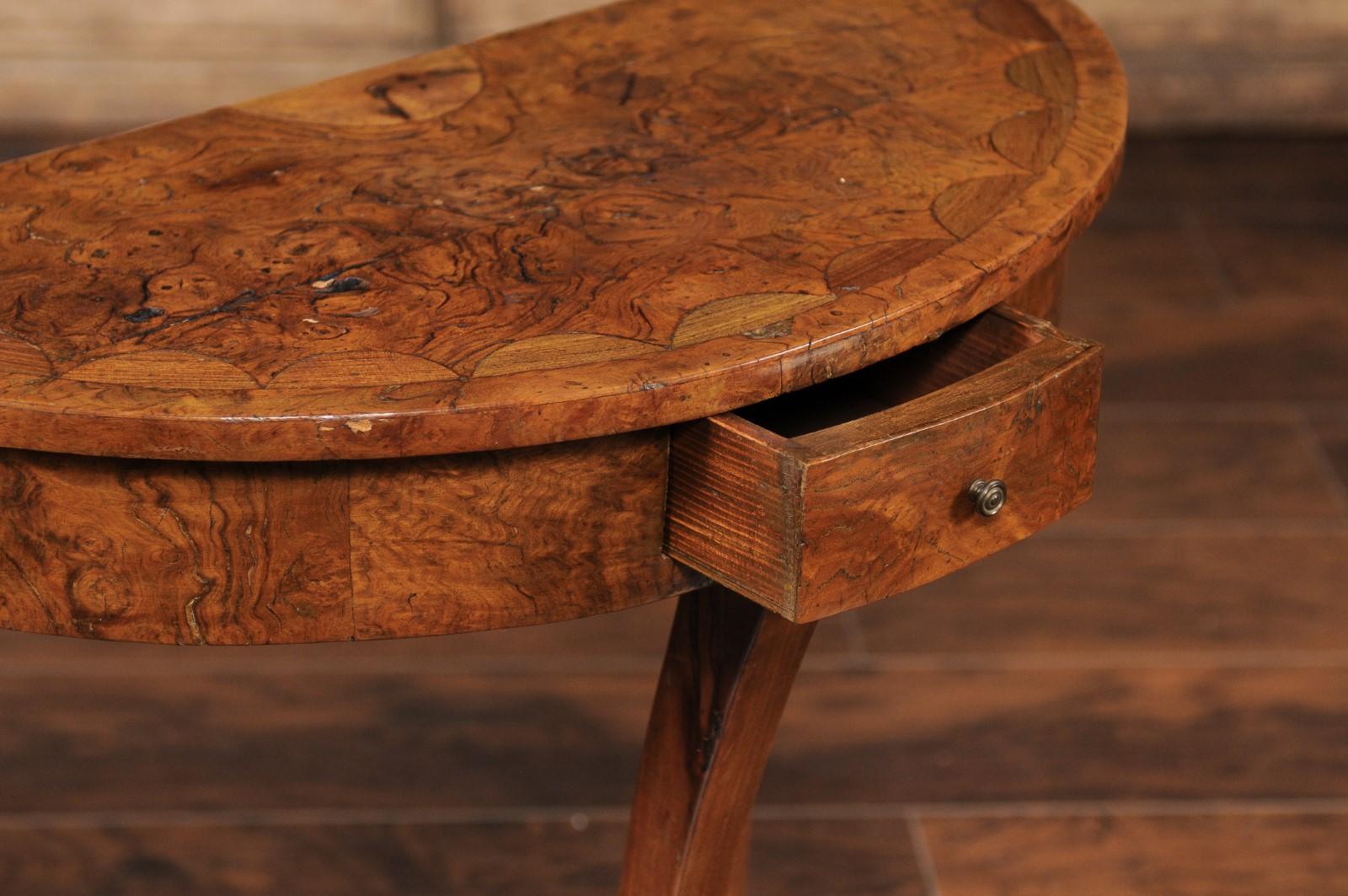 French Burl Wood Demilune Console Table circa 1900 with Saber Legs 5