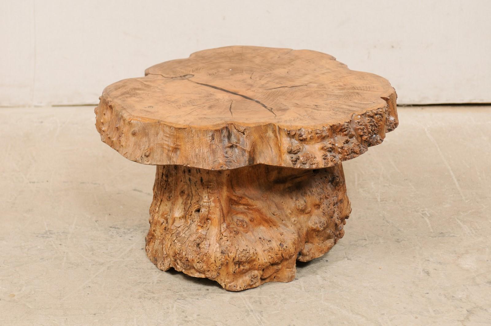 French Burl Wood Slab Top Coffee Table with Live-Edge Burl Wood Trunk Base In Good Condition In Atlanta, GA