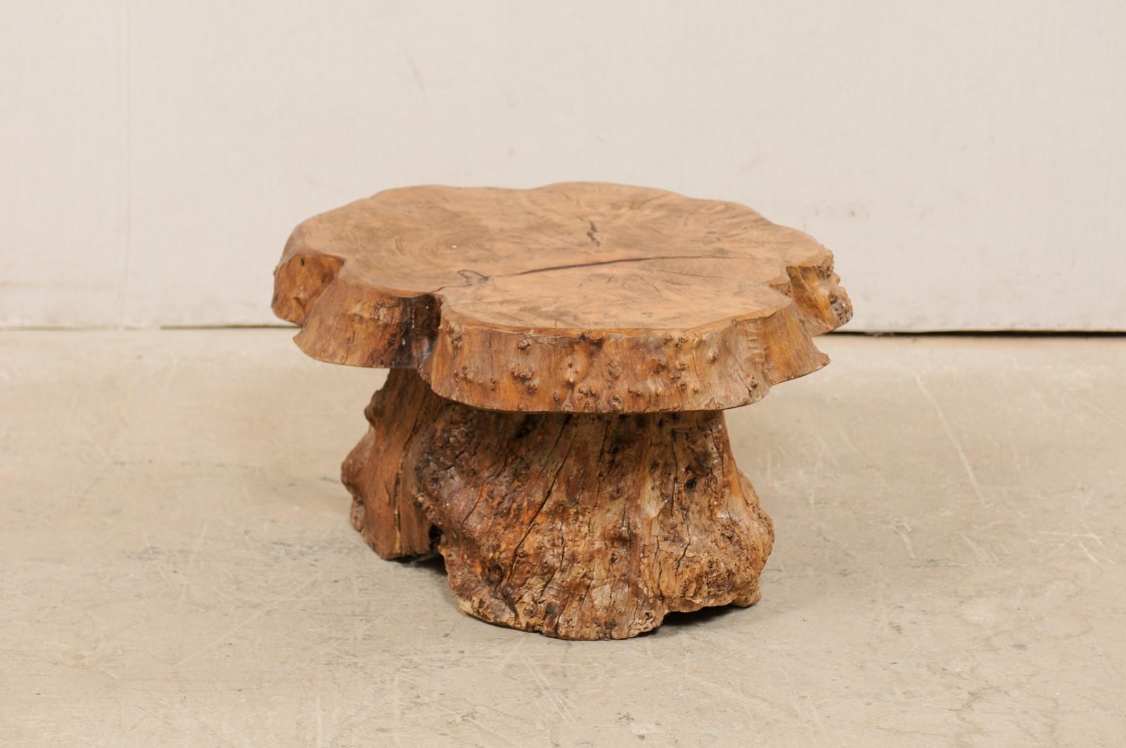 20th Century French Burl Wood Slab Top Coffee Table with Live-Edge Burl Wood Trunk Base