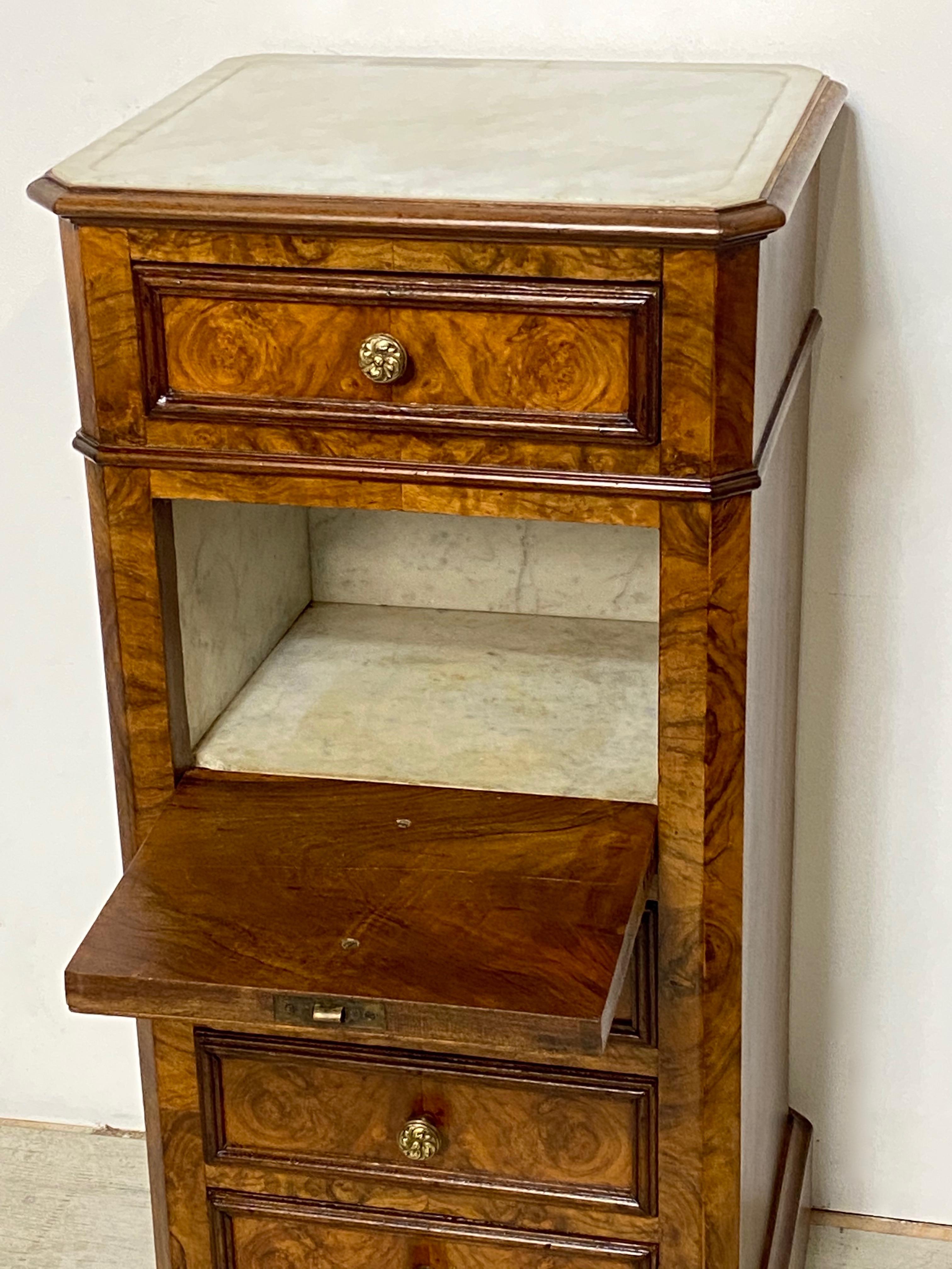 Victorian French Burled Walnut and Marble Bedside Commode Cabinet, 19th Century