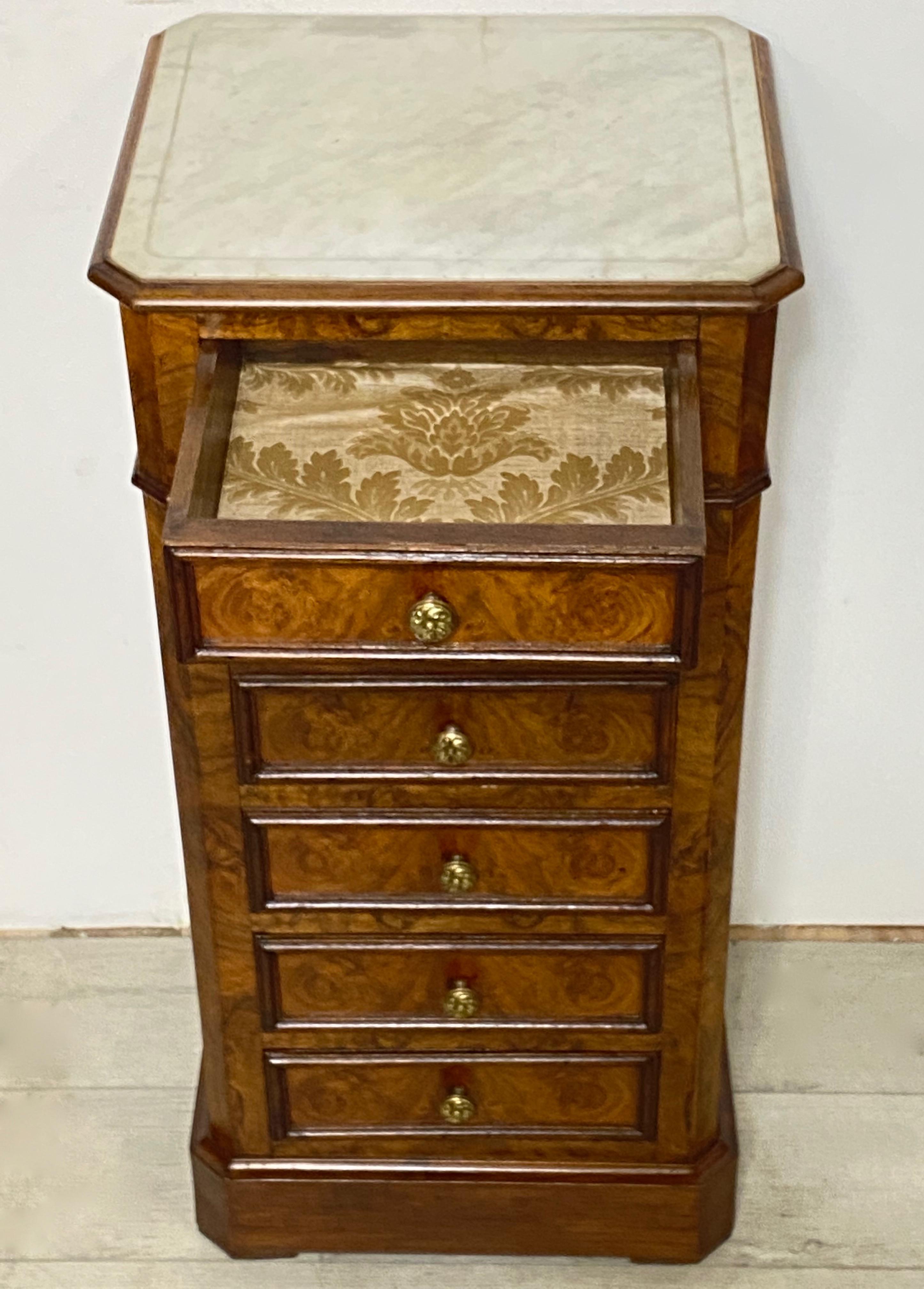 French Burled Walnut and Marble Bedside Commode Cabinet, 19th Century In Good Condition In San Francisco, CA