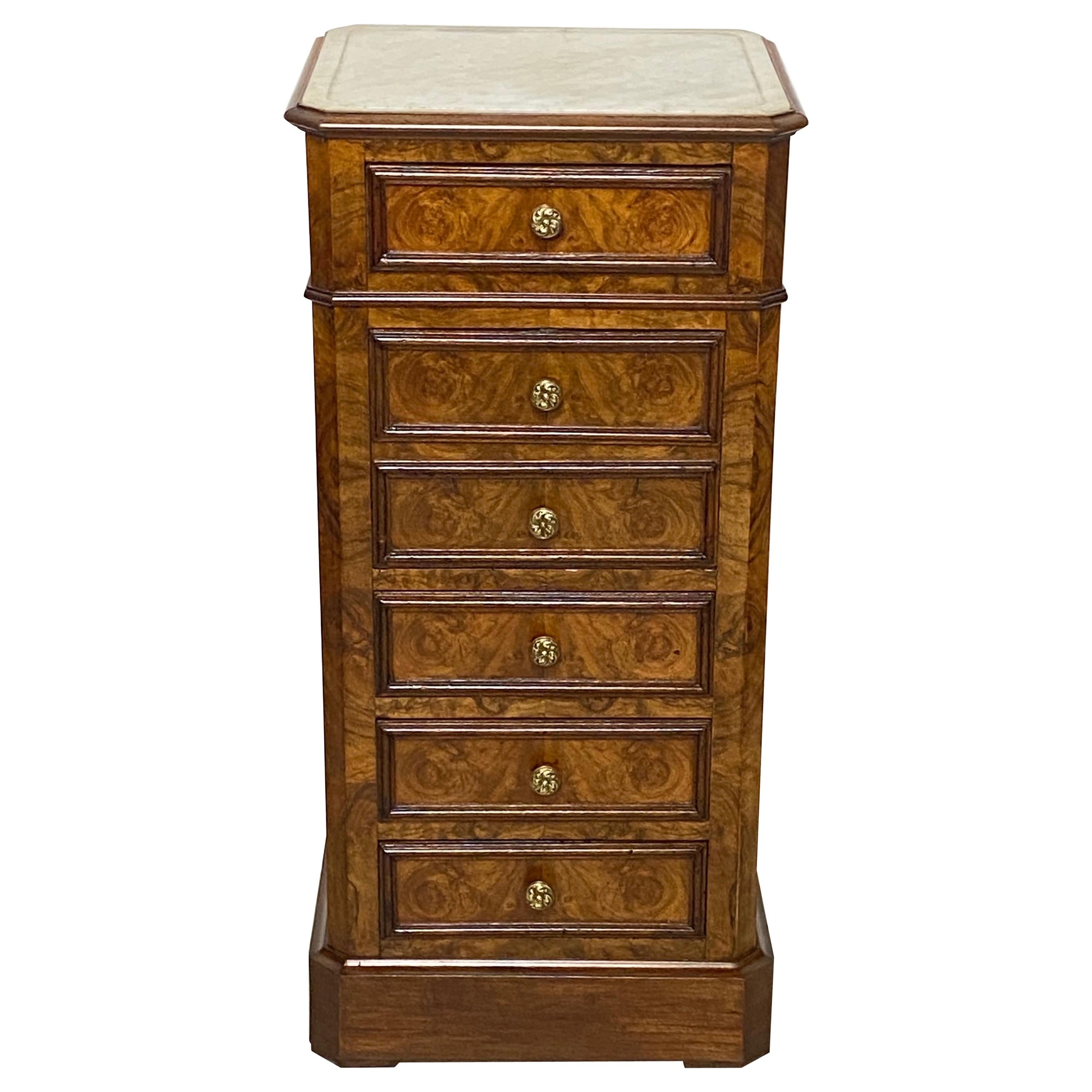 French Burled Walnut and Marble Bedside Commode Cabinet, 19th Century
