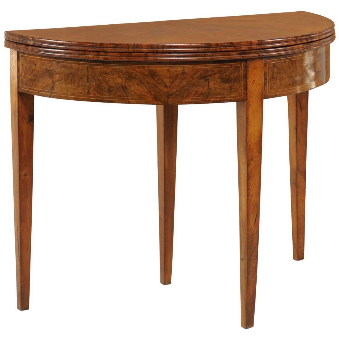 French Burled Walnut Folding Demilune Console Table with Hidden Drawer, 1890s