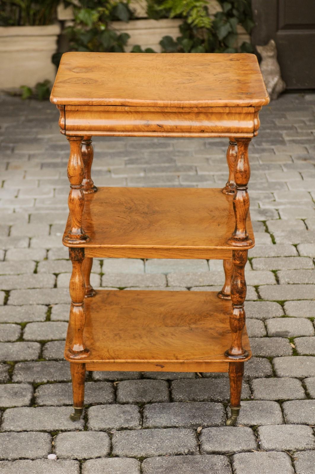 French Burled Walnut Three-Tiered Trolley with Butterfly Veneer, circa 1870 For Sale 7