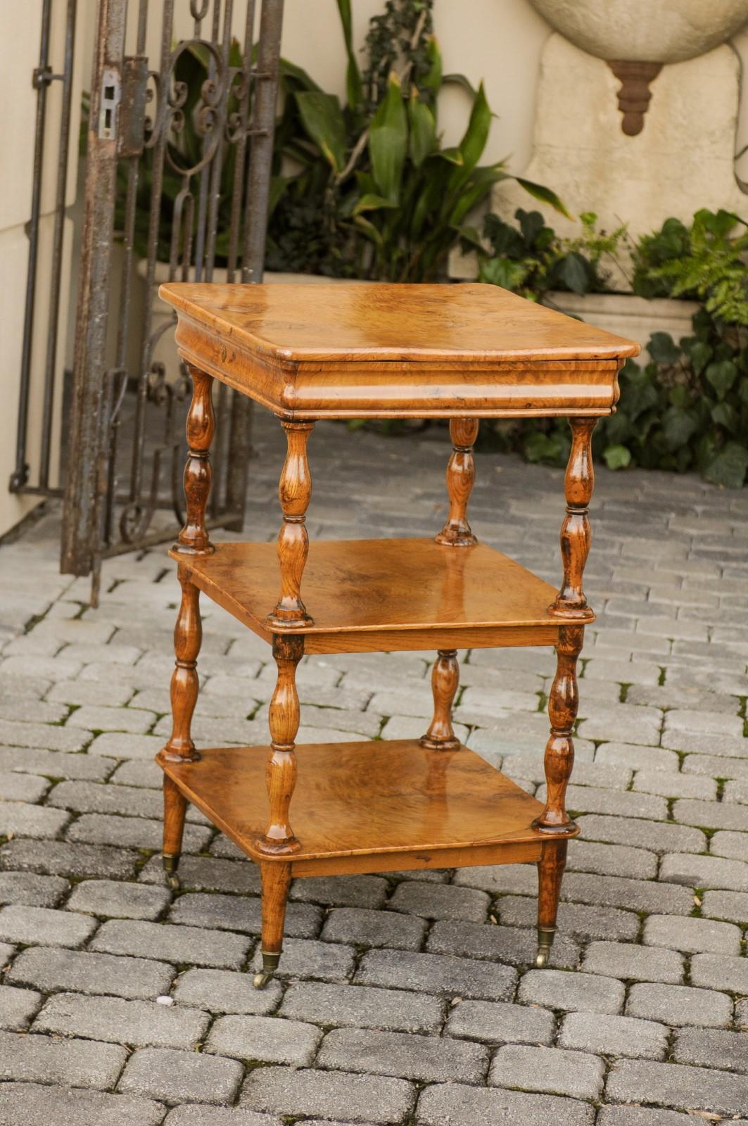 French Burled Walnut Three-Tiered Trolley with Butterfly Veneer, circa 1870 For Sale 8