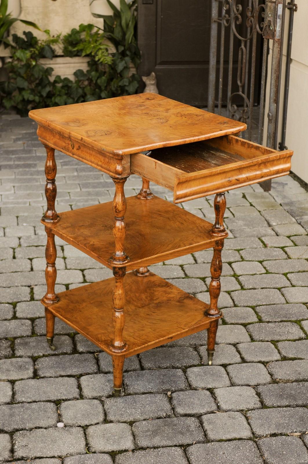French Burled Walnut Three-Tiered Trolley with Butterfly Veneer, circa 1870 For Sale 2