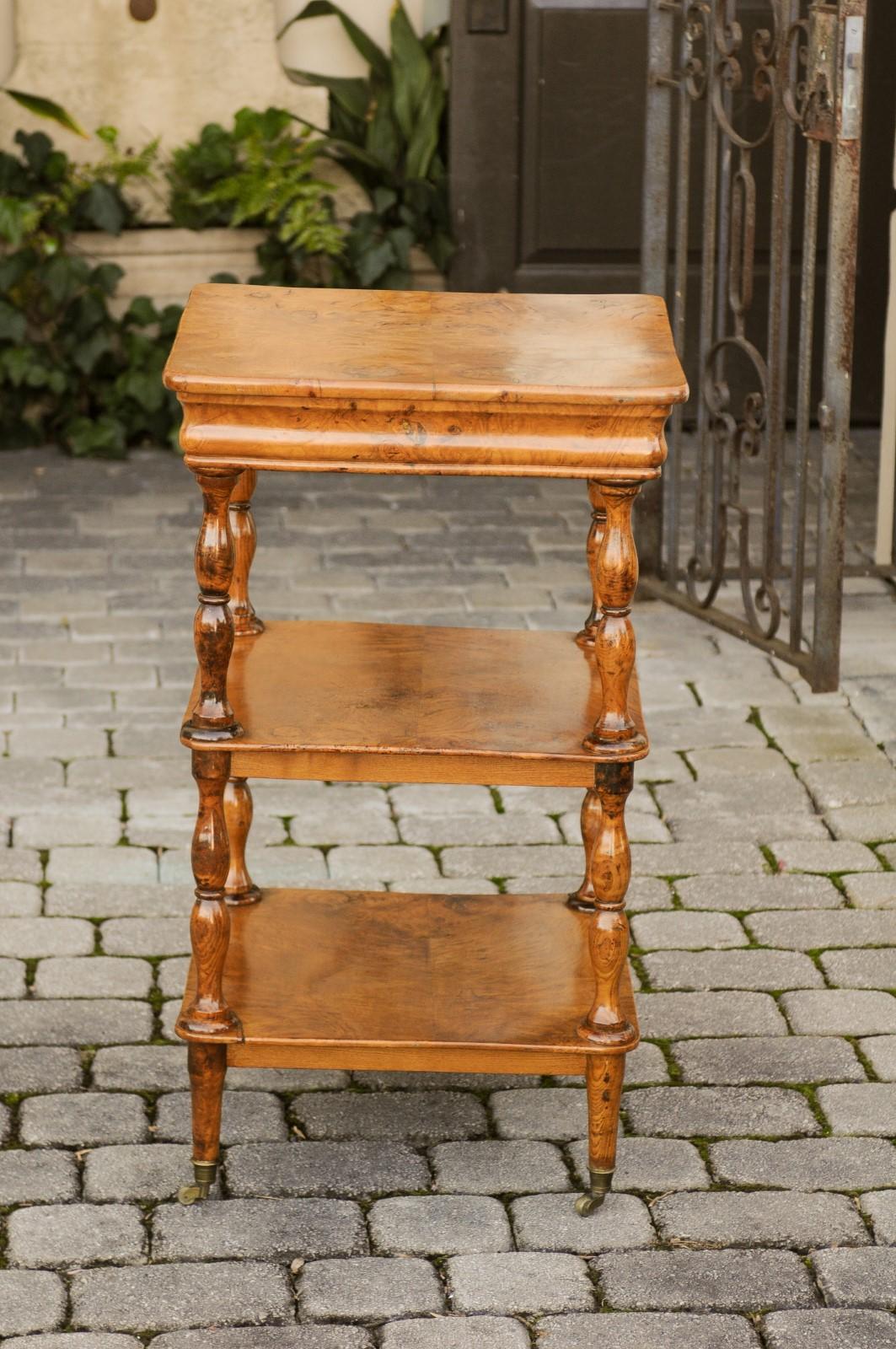 French Burled Walnut Three-Tiered Trolley with Butterfly Veneer, circa 1870 For Sale 5