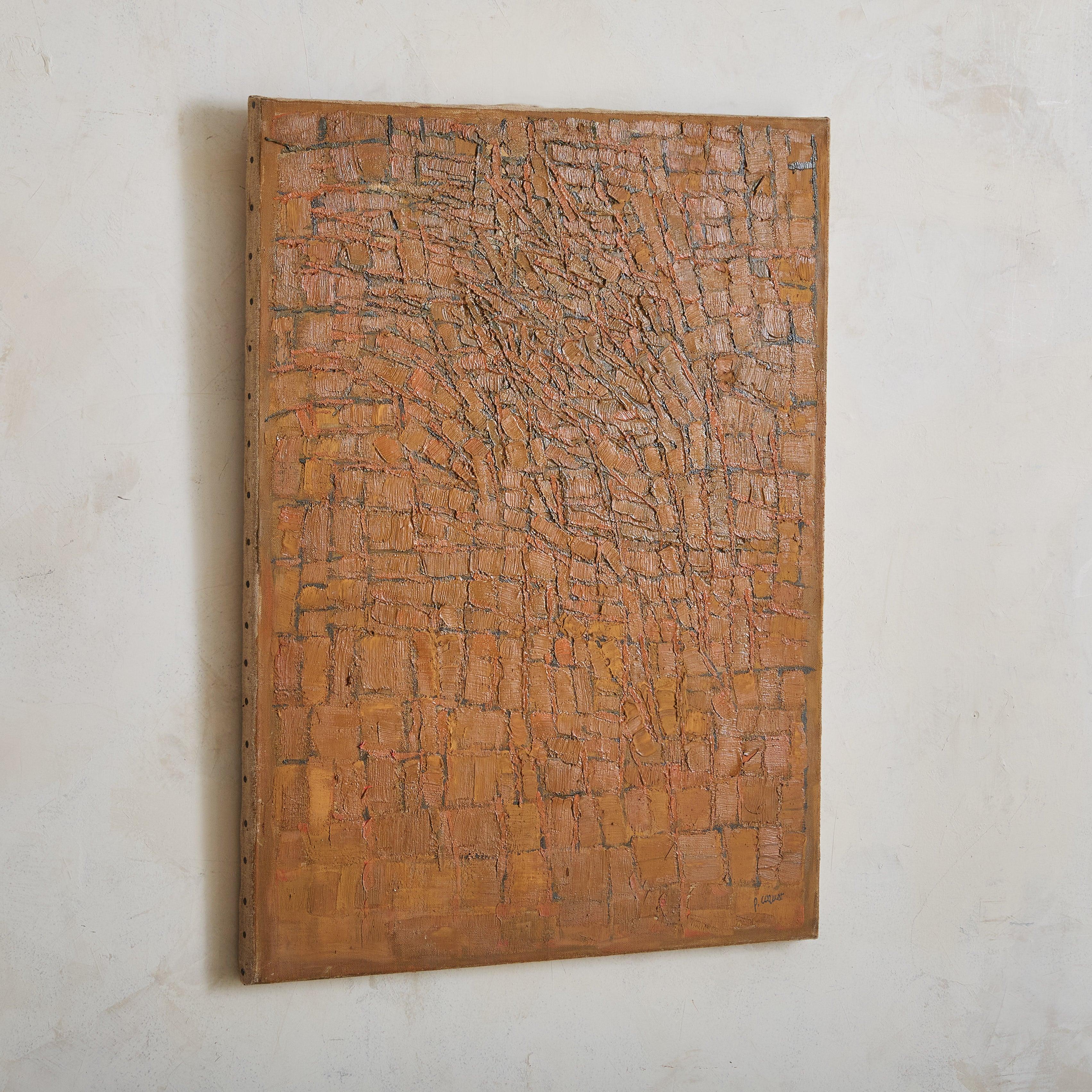 A 1960s oil on canvas painting by French artist Pierre Coquet. This textured abstract features fluid, geometric motifs in burnt orange with brown accents. Signed ‘P. Coquet’ bottom right and stamped ‘Atelier Pierre Coquet Paris’ along the backside.