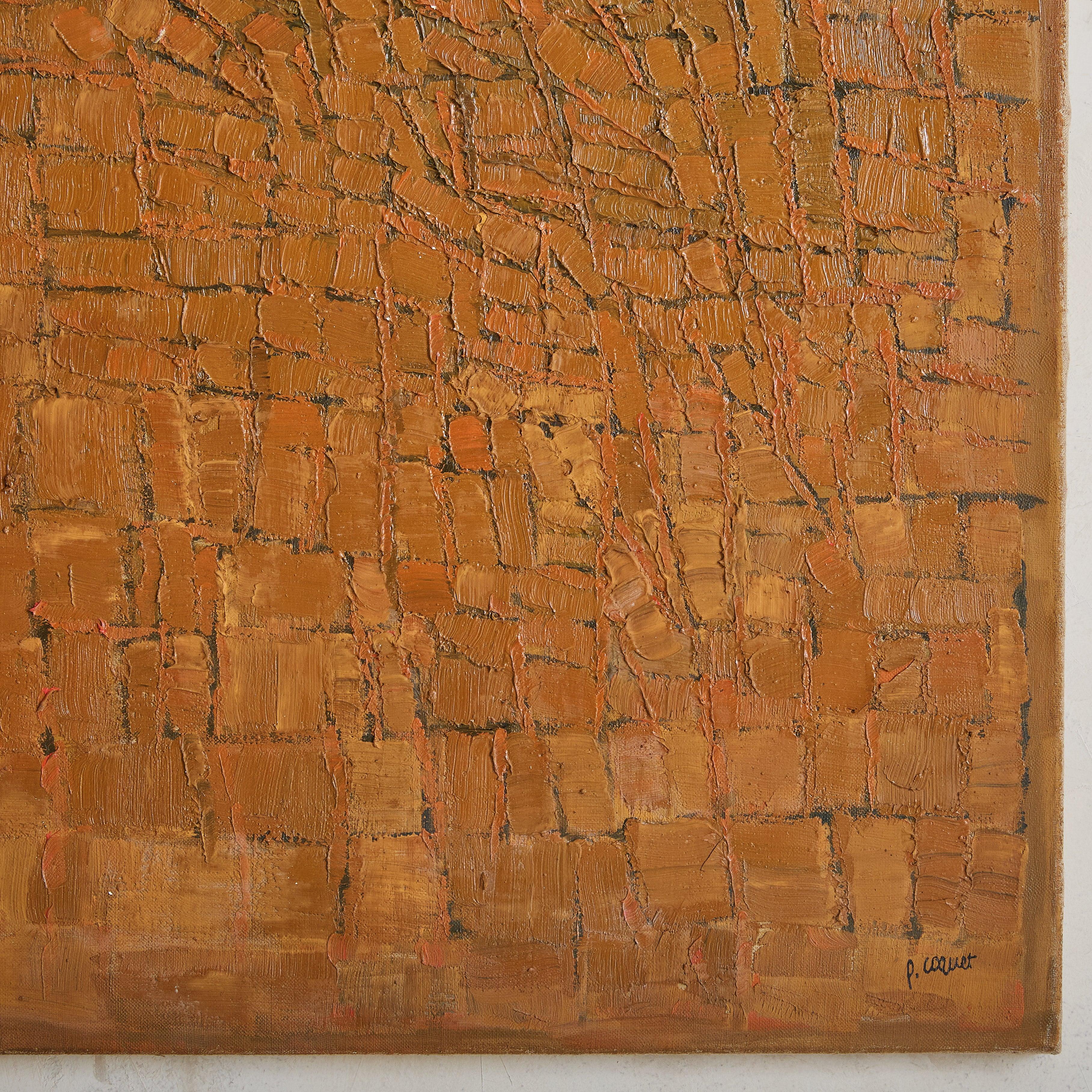 Mid-Century Modern French Burnt Orange Oil on Canvas Painting by Pierre Coquet, 1960s en vente