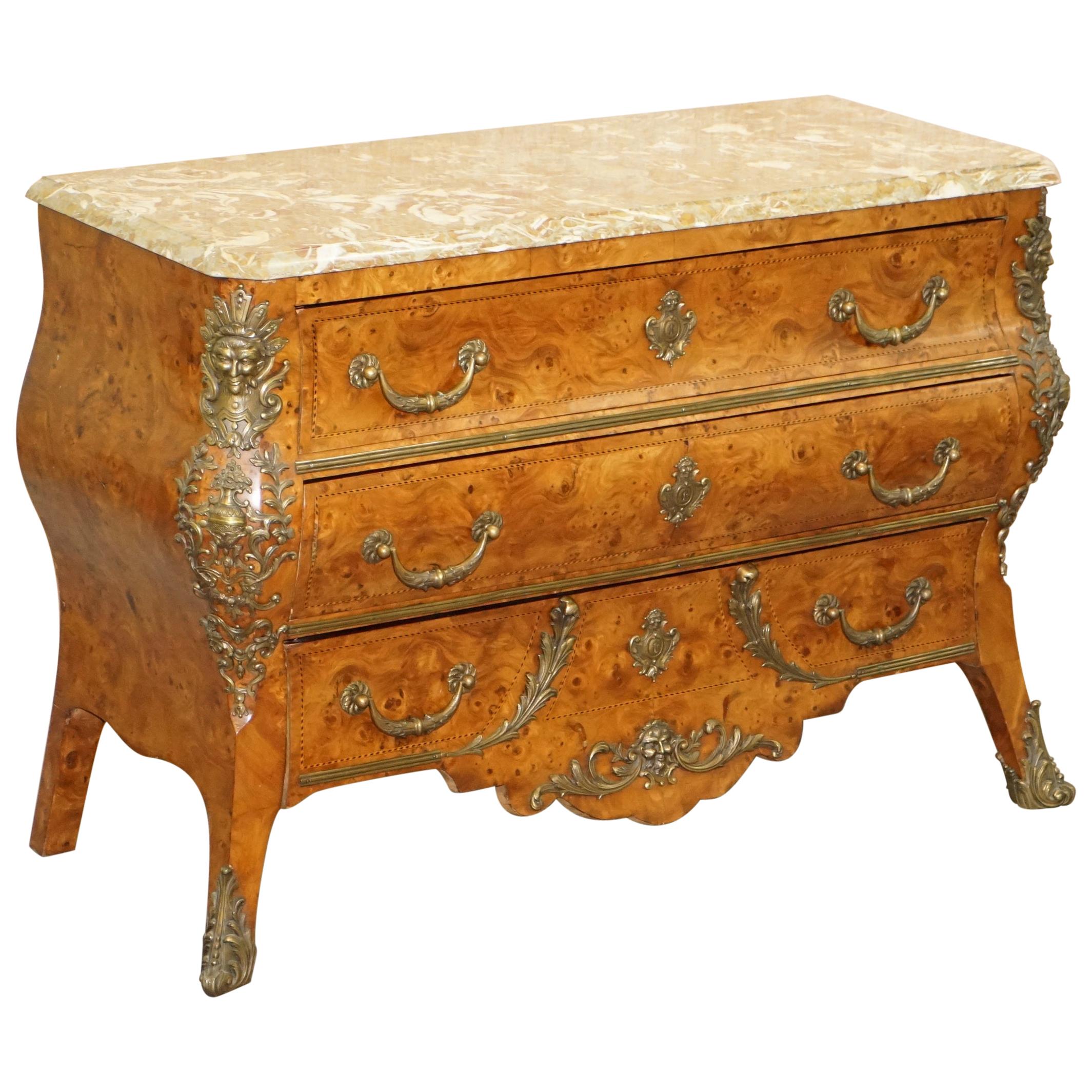 French Burr Walnut Bronze Fittings Marble-Top Bombe Chest of Drawers, circa 1900